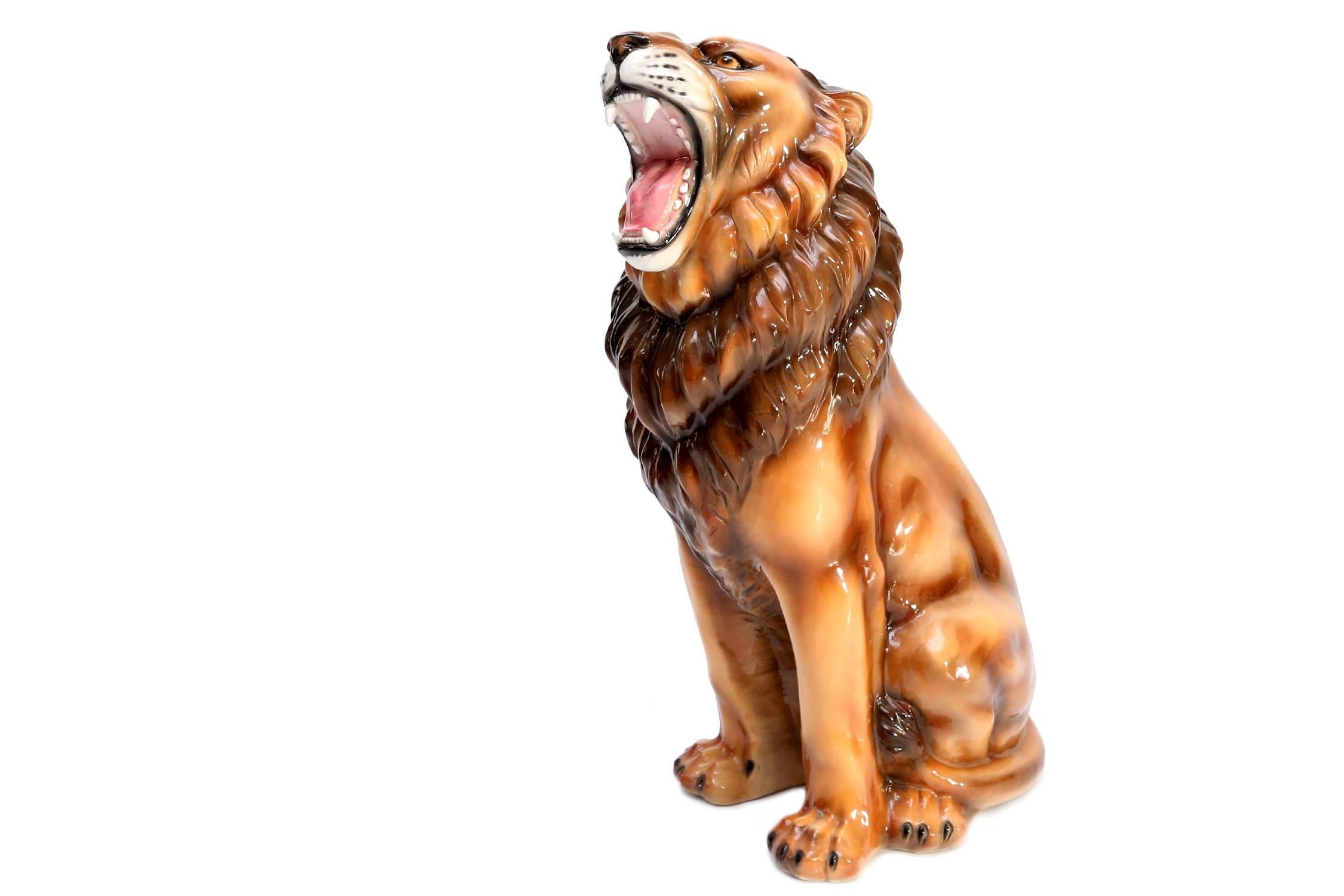 Mid-Century Modern Hollywood regency 1960s hand-painted and glazed Ceramic Lion Sculpture