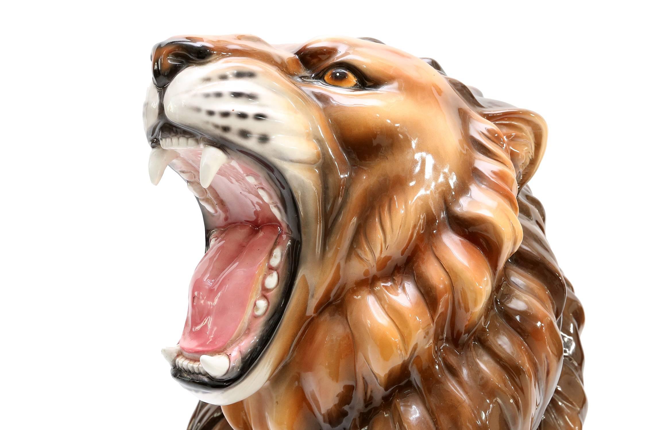 Italian Hollywood regency 1960s hand-painted and glazed Ceramic Lion Sculpture