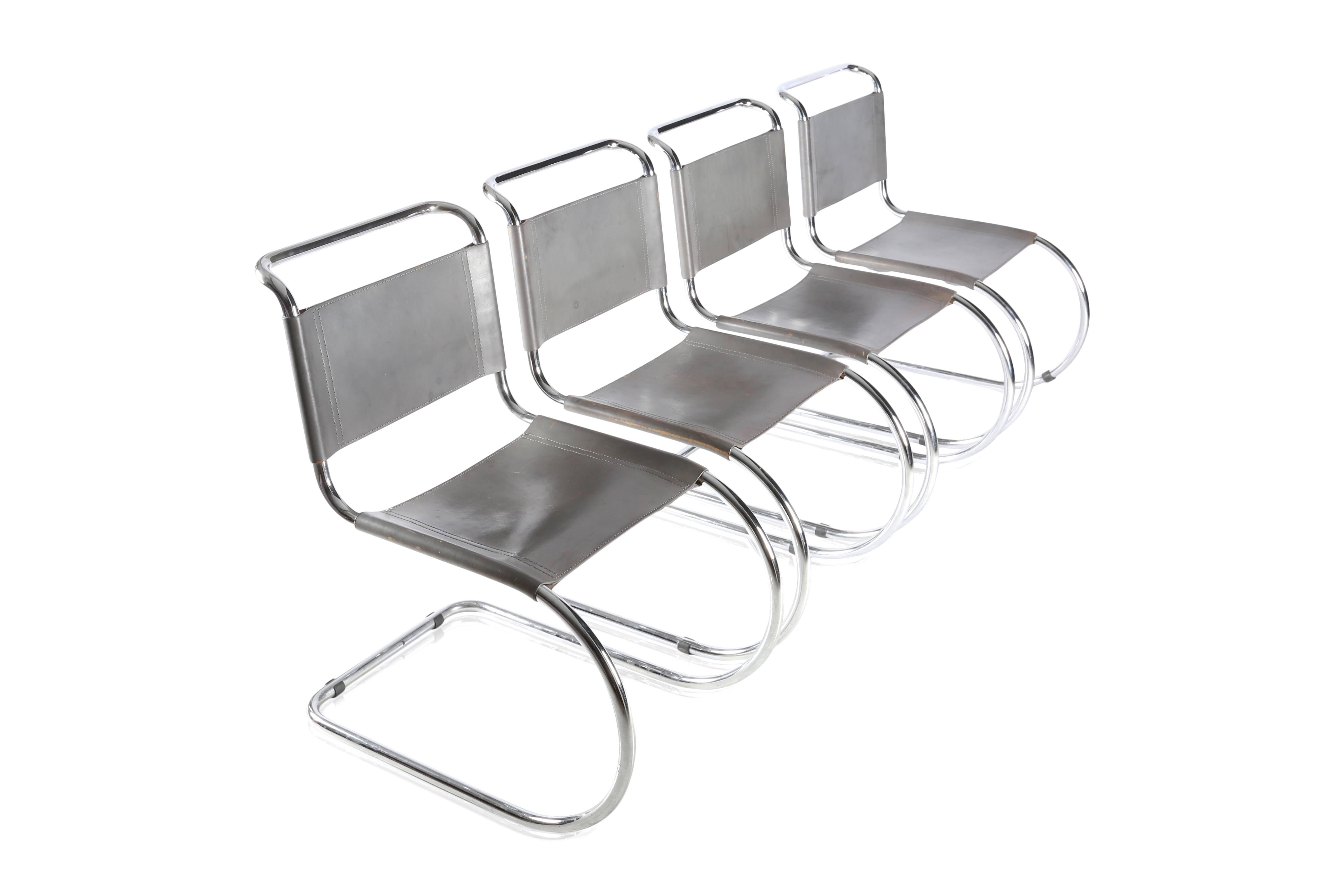 Mies van der Rohe’s MR chairs were designed in 1927 for the Weissenholf housing development project. Tubular chrome frame and grey leather.

S 533 chair, produced by Thonet.

Measures: H 80 cm D 70 cm B 50 cm SH 40 cm.