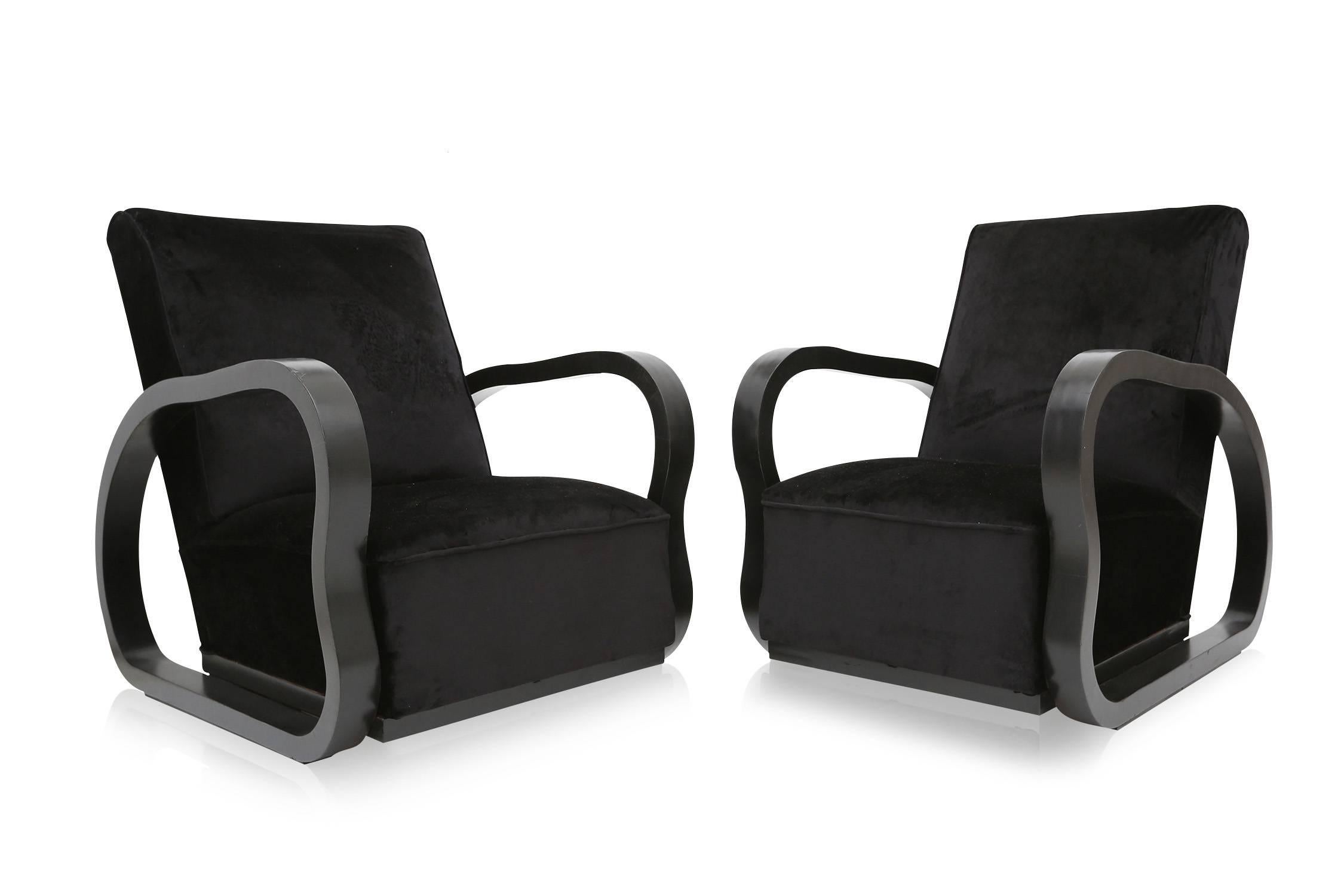 Art Deco Black Velvet Lounge Chairs Halabala style
