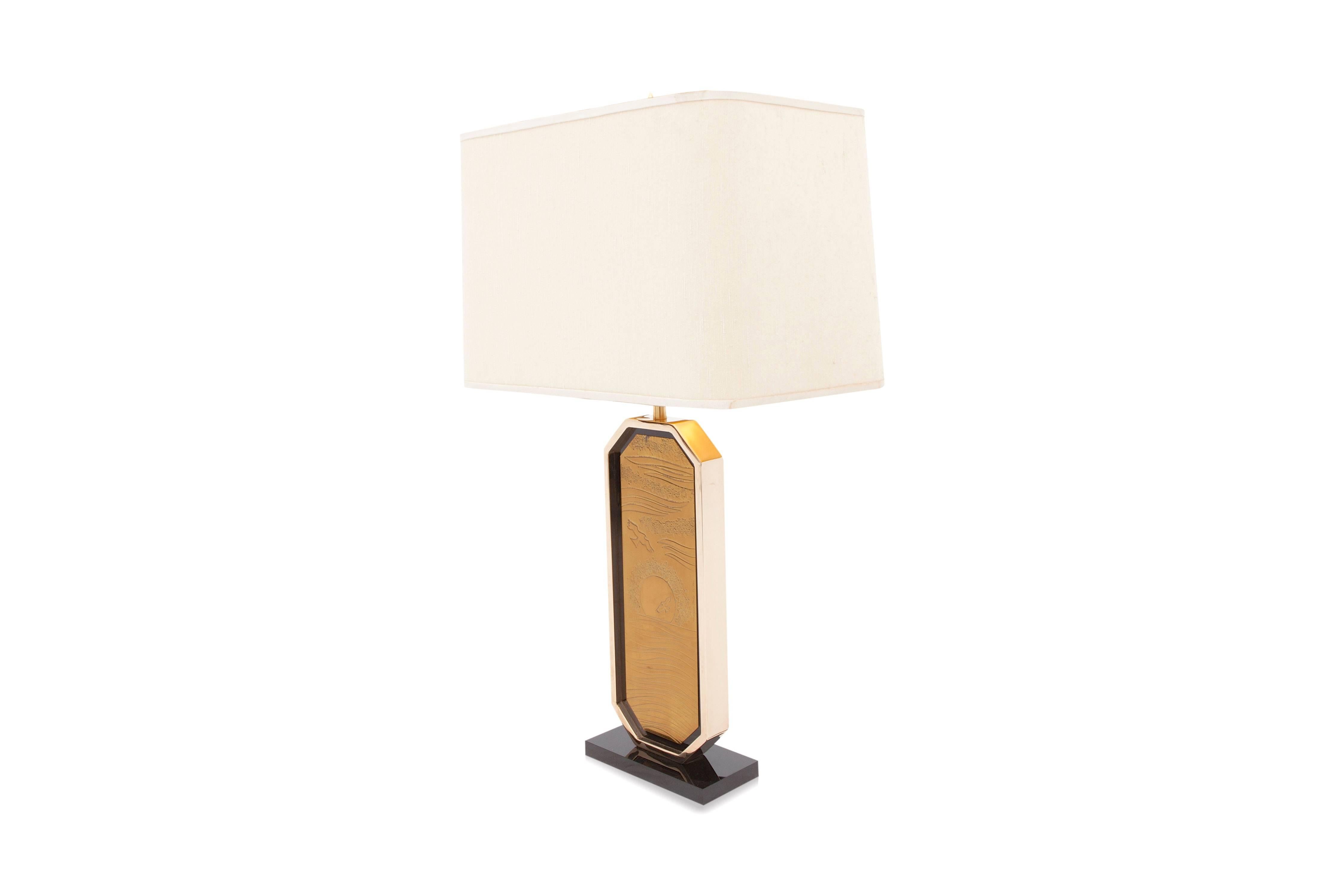 Art Deco Gold-Plated Brass Etched Table Lamp