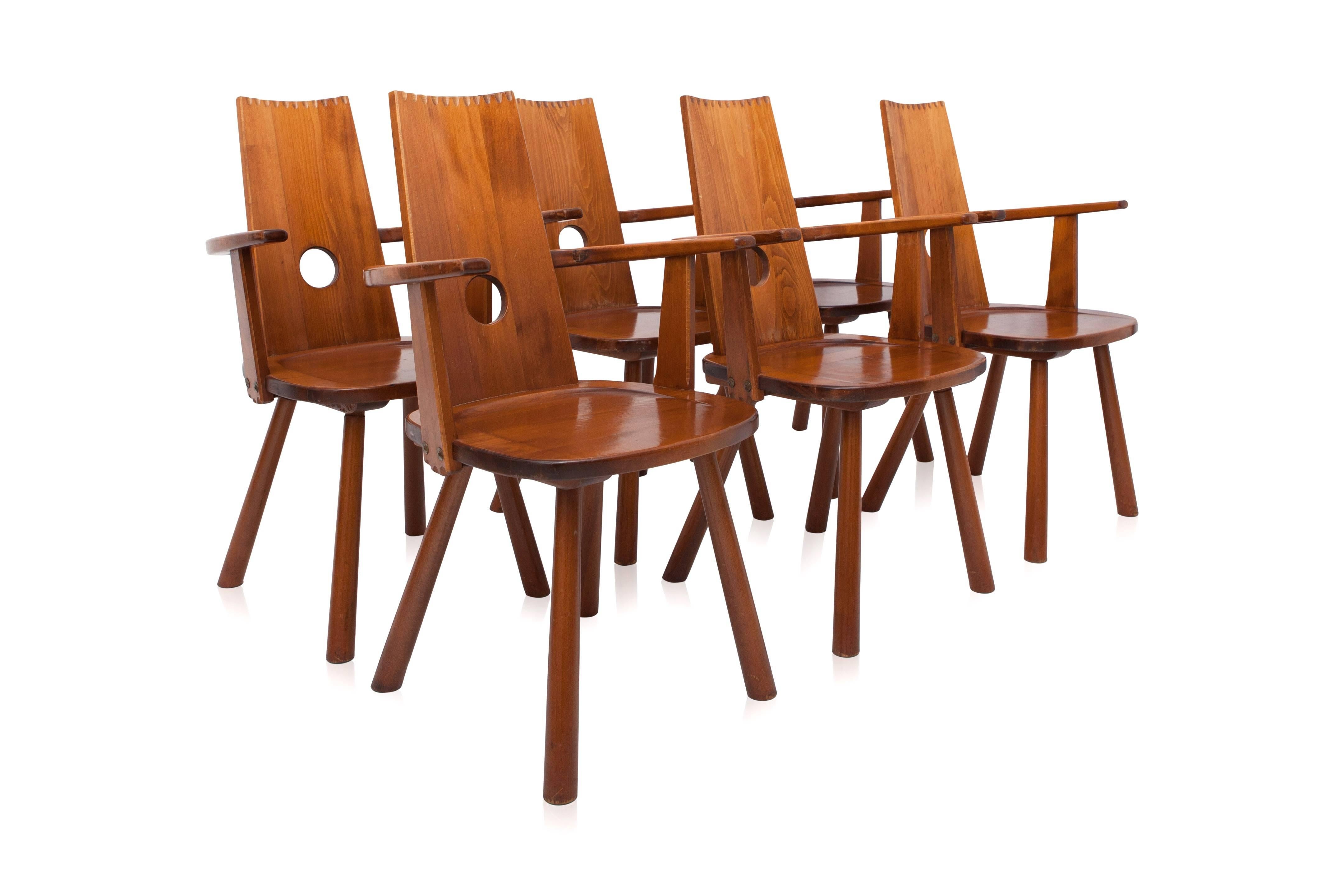 Hardwood French Mid-Century Modern Dining Chairs, set of six
