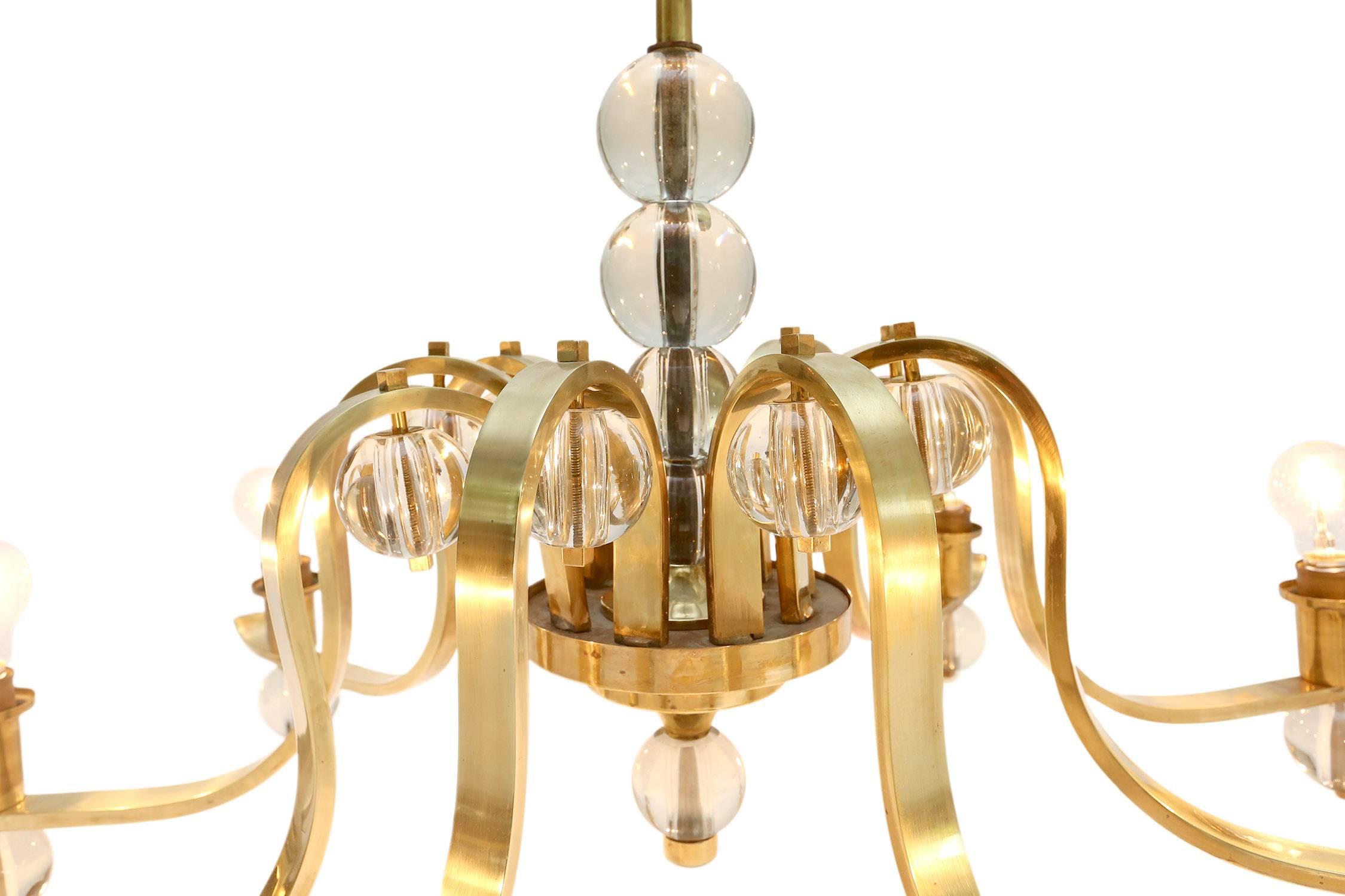 Hollywood Regency Mid-Century modern Fontana Arte style Brass and Glass Chandelier