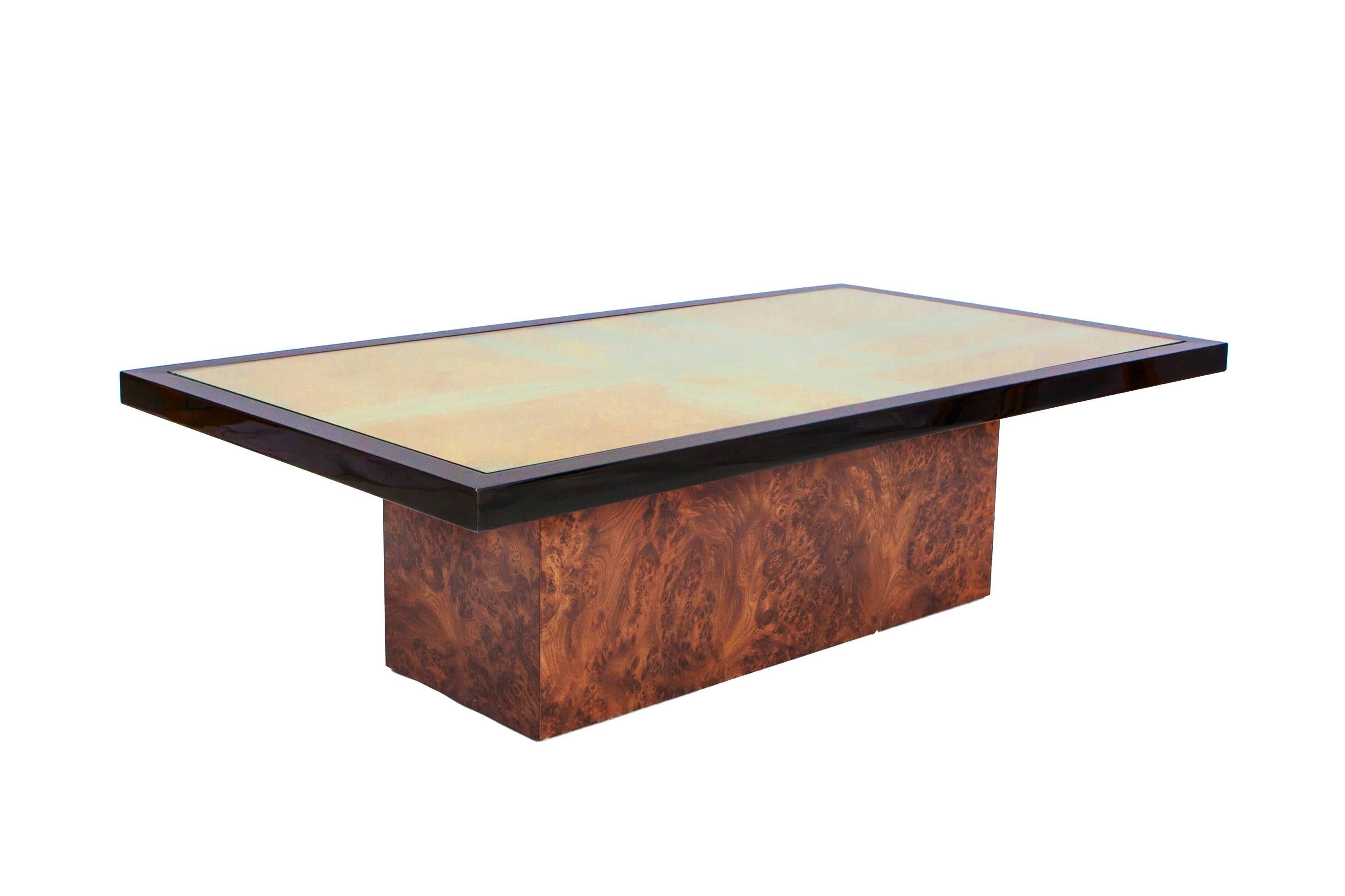 Hollywood Regency hollywood regency Brass Etched signed and numbered Coffee Table on burl base 