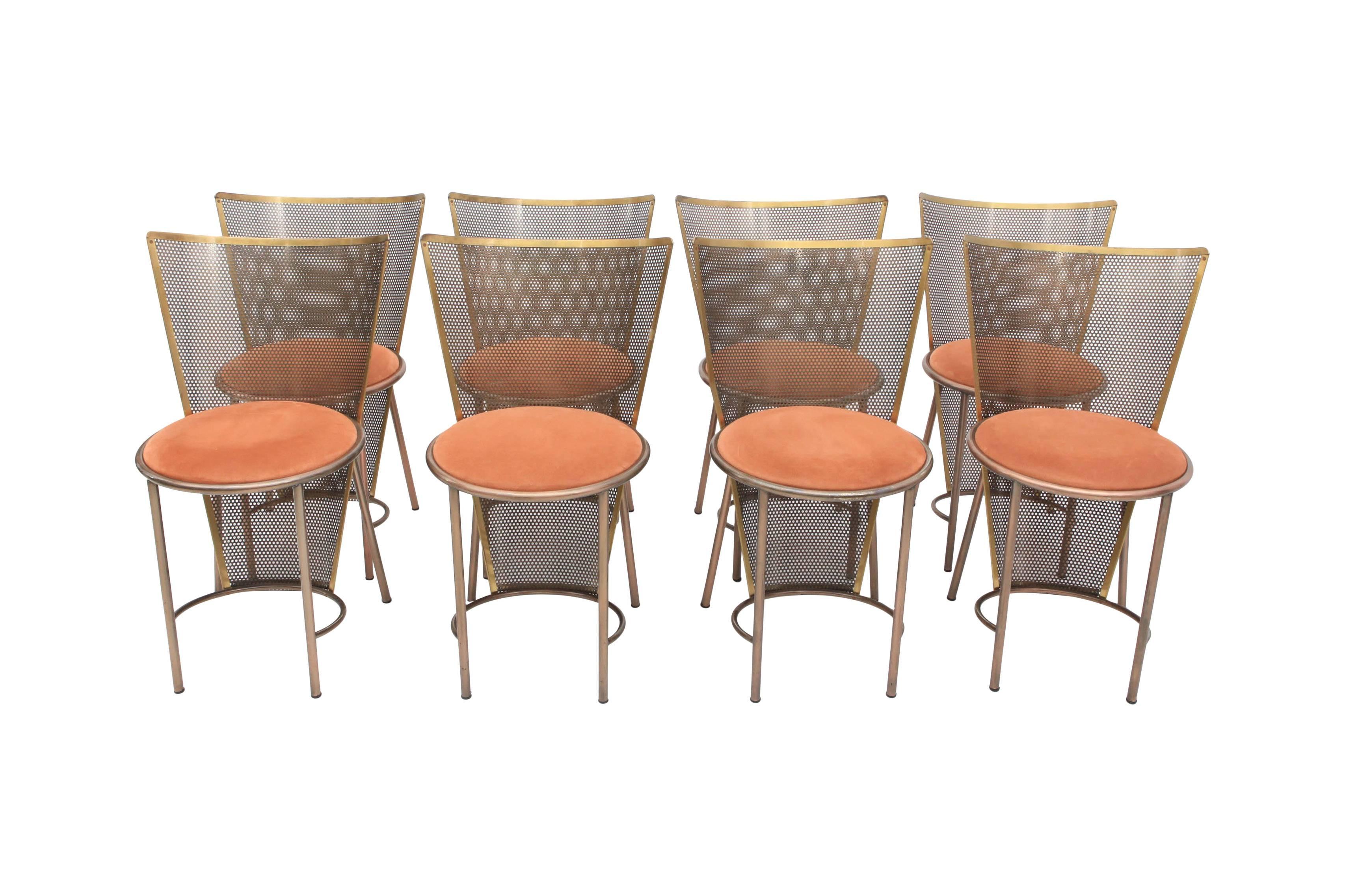 Extremely rare set of 12 chairs exhibited at the Belgian Pavillion in the Sevilla '92 world expo.
Manufactured by BelgoChrom, designed by Frans Van Praet.

Bronze patinated metal, brass, perforated brass back support and coral velvet
