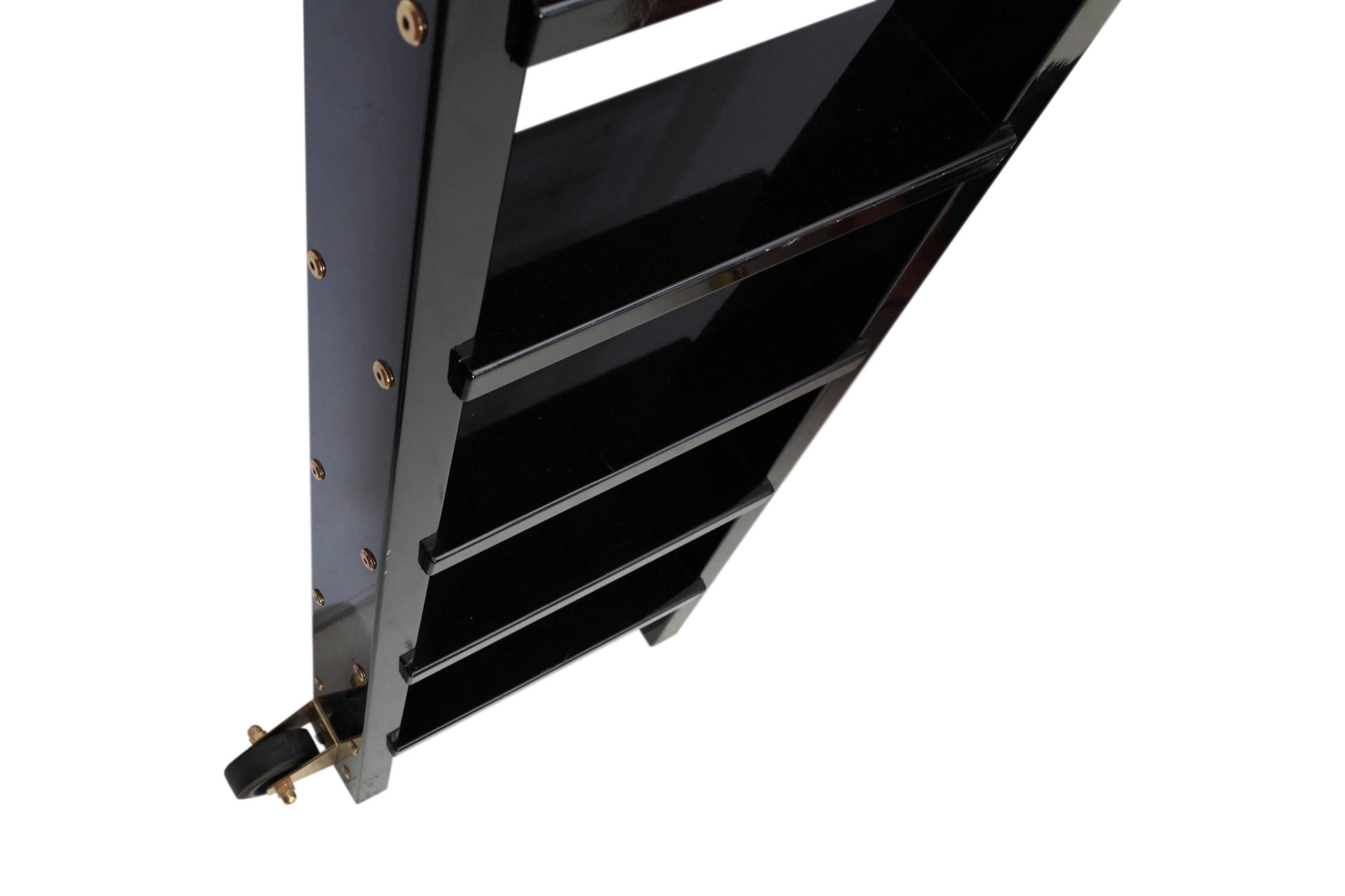 Hollywood Regency Black Lacquered Book Case Ladder on Brass Rail