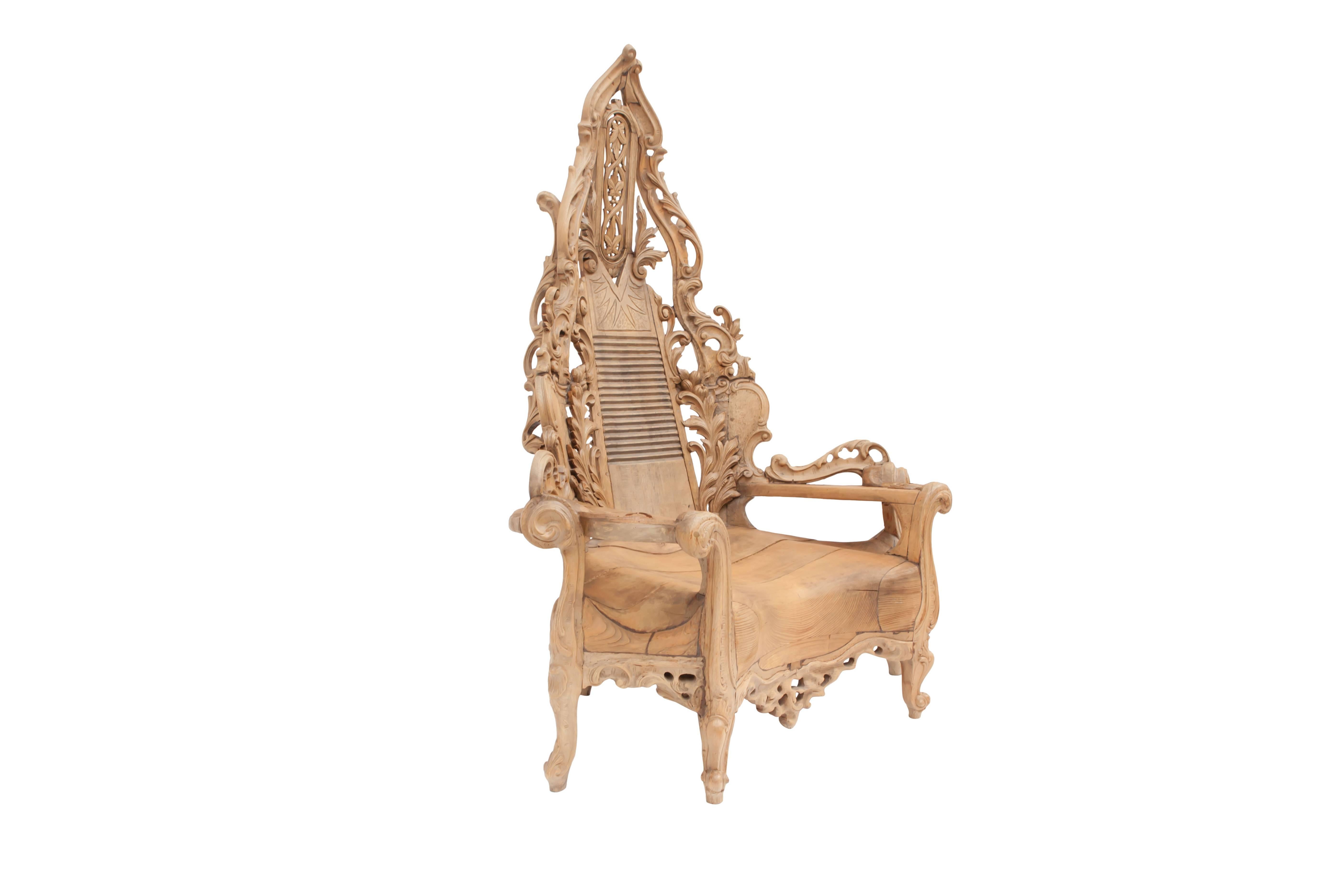 Ornamental wooden throne chair, impressive in design and size.
hand-carved by a late French Brettonian artist in middle of the 20th century.
This remains an eye-catching piece in many different interiors.
Measures: H 166 cm D 79 cm W 126 cm.