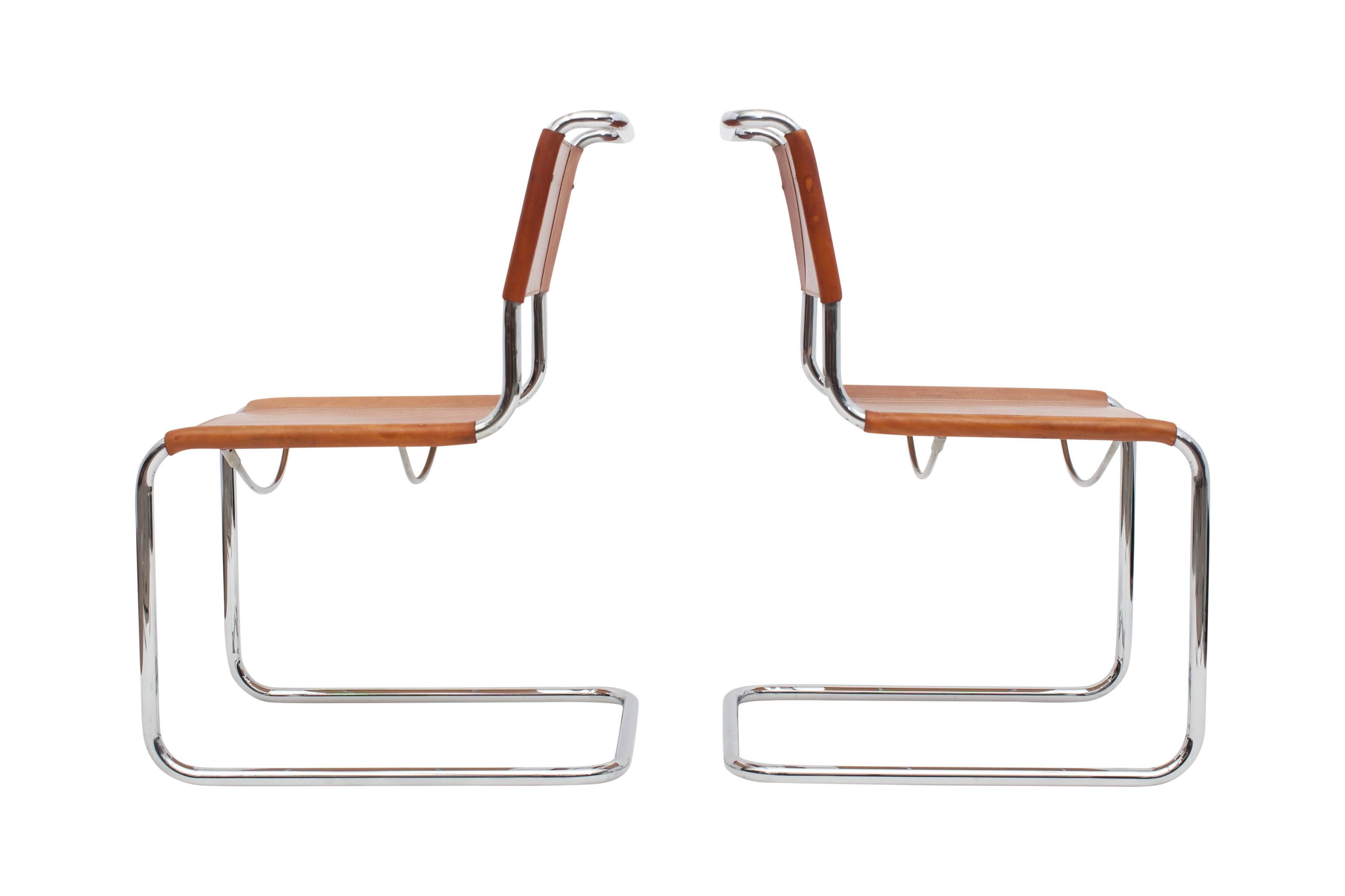 Mid-Century Modern Tubular Cantilever Chairs with Cognac Leather Seating