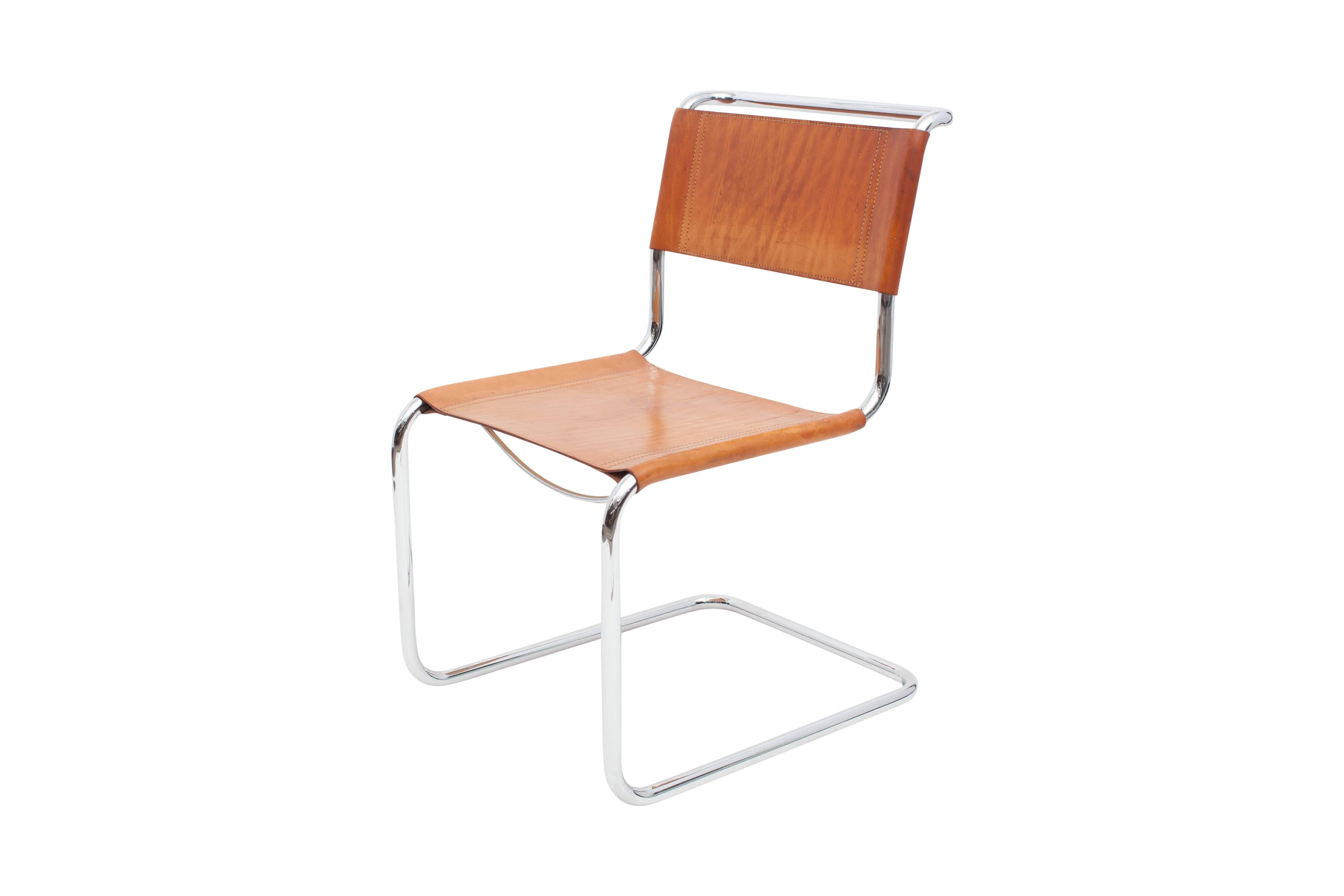 Italian Tubular Cantilever Chairs with Cognac Leather Seating
