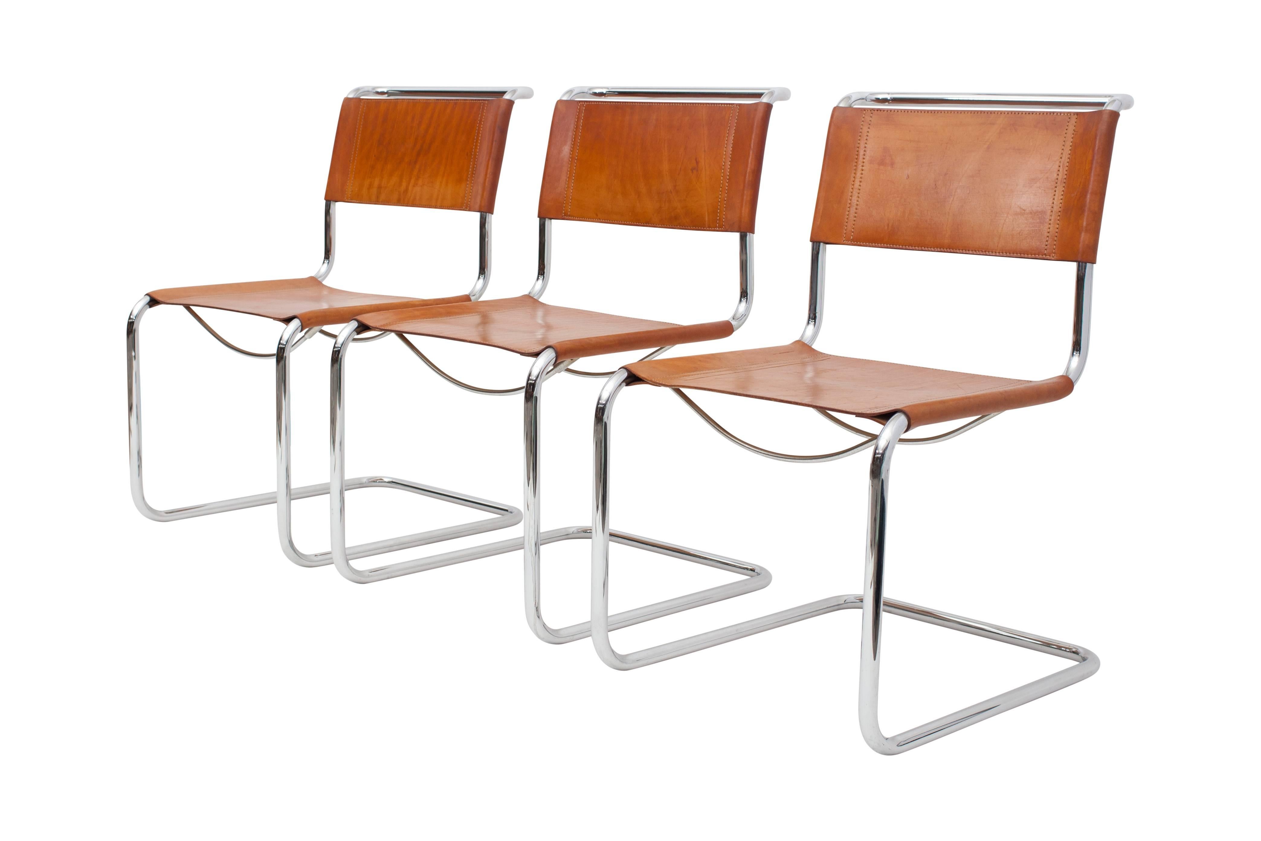 Tubular Cantilever Chairs with Cognac Leather Seating 1