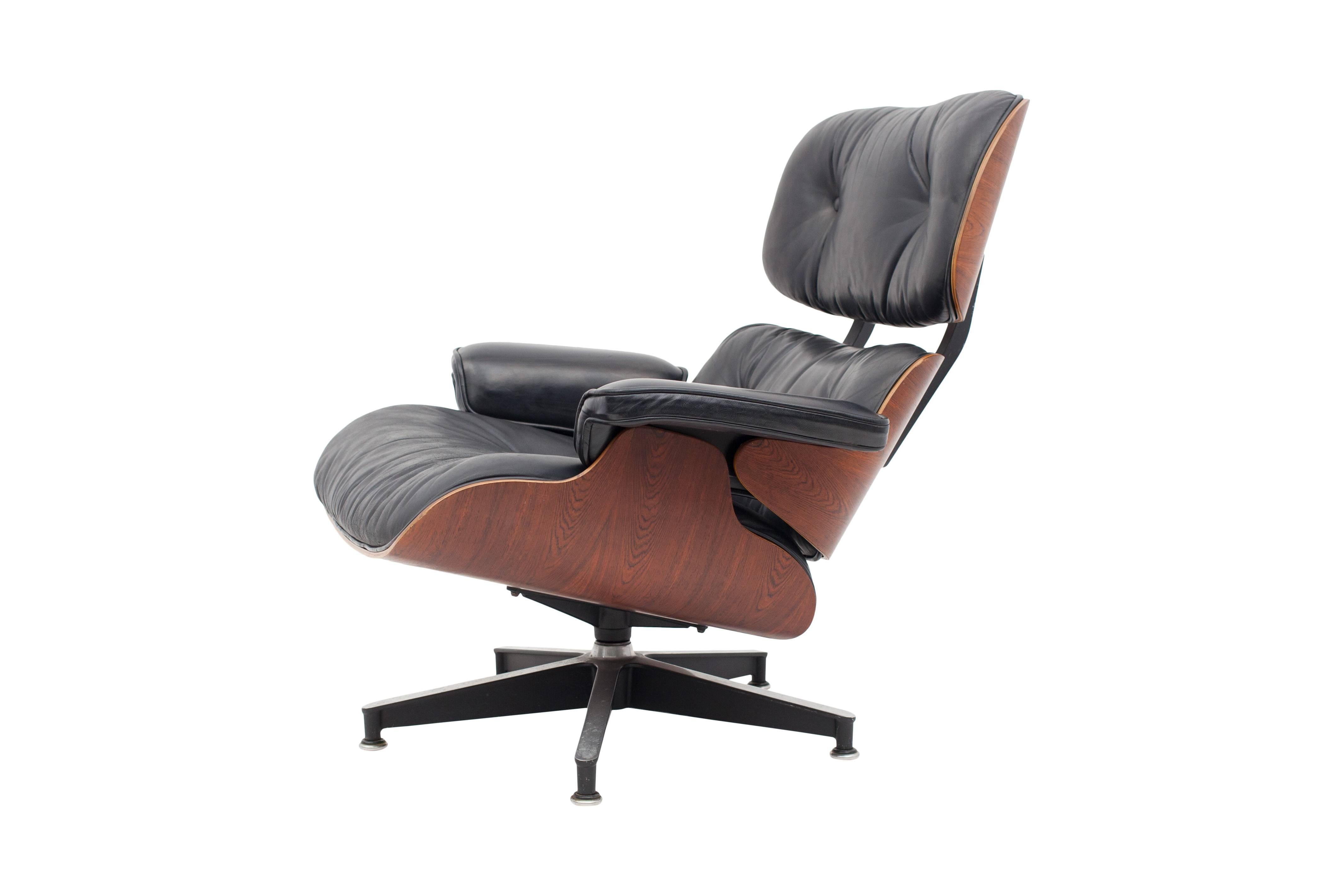 American Eames Black Leather and Rio Rosewood Lounge Chair and Ottoman