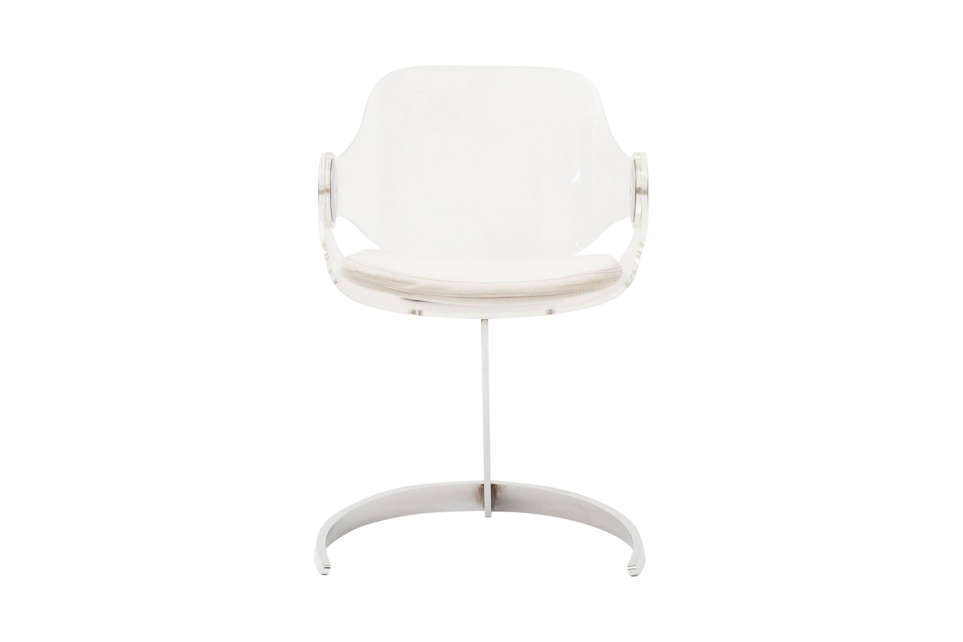 Polished Boris Tabacoff Perspex Chair White Leather and Chrome