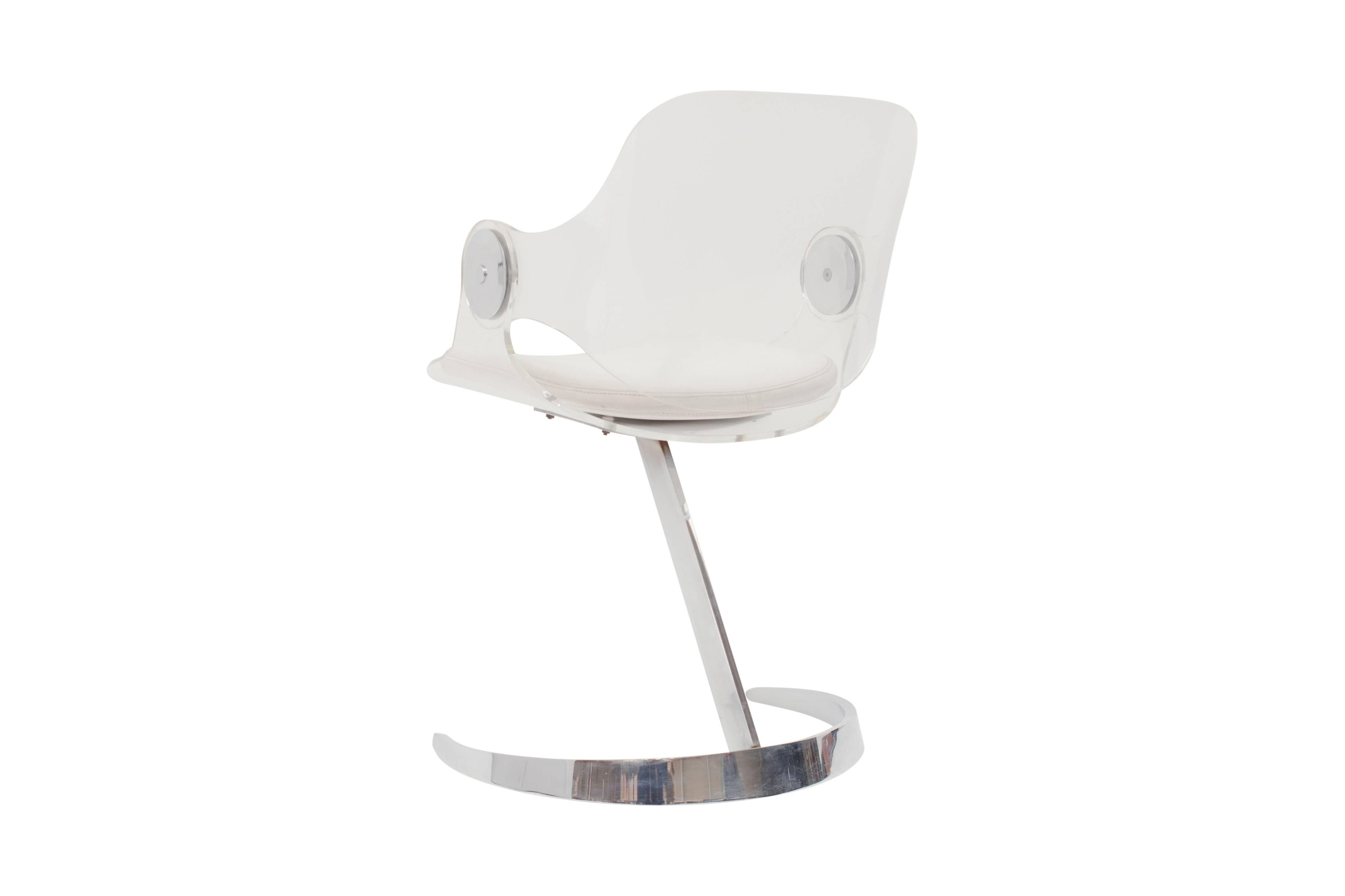 Boris Tabacoff Perspex Chair White Leather and Chrome In Excellent Condition In Antwerp, BE