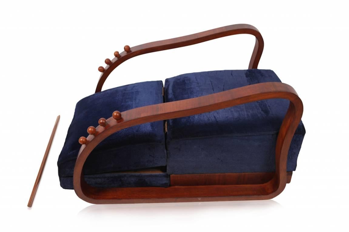 Czech Art Deco Adjustable Lounge Chairs in Blue Velvet Halabala style 
