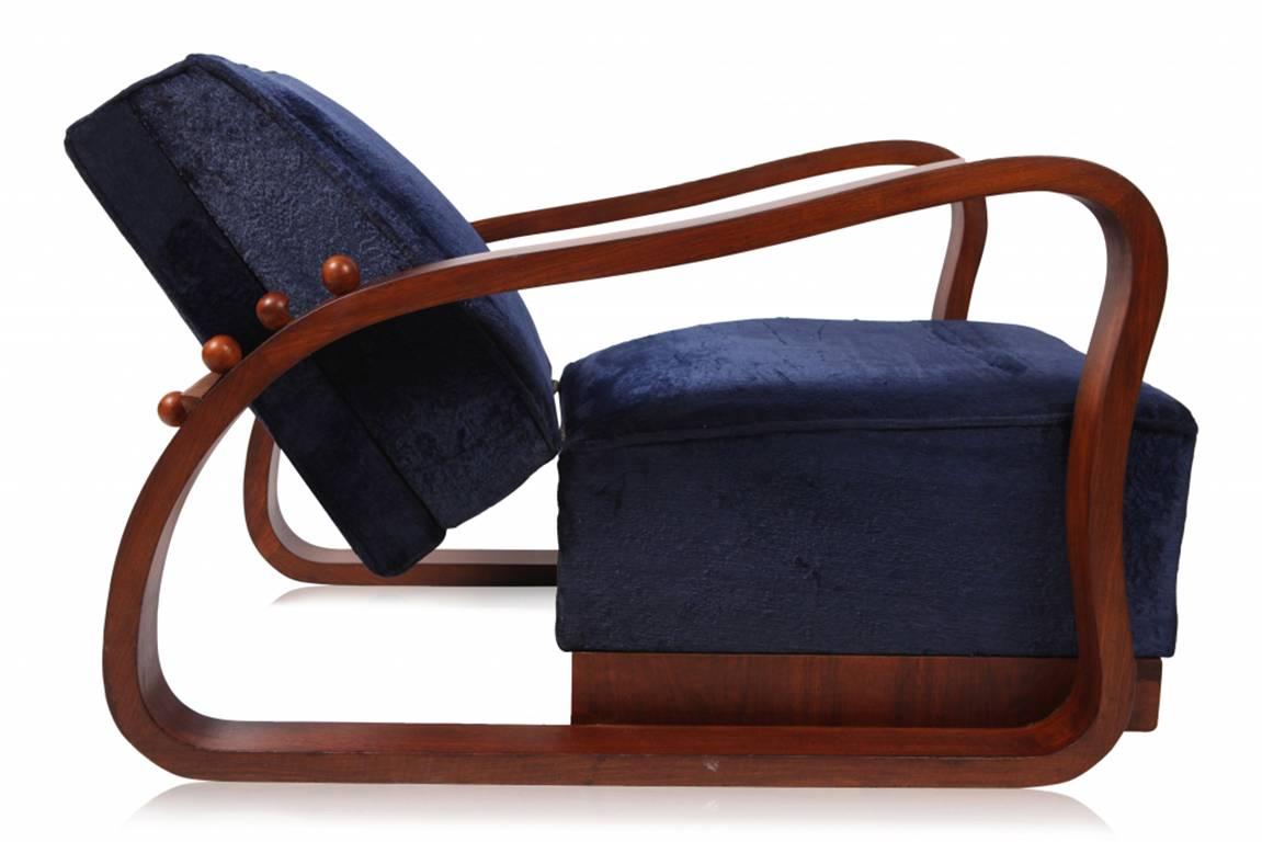 Veneer Art Deco Adjustable Lounge Chairs in Blue Velvet Halabala style 