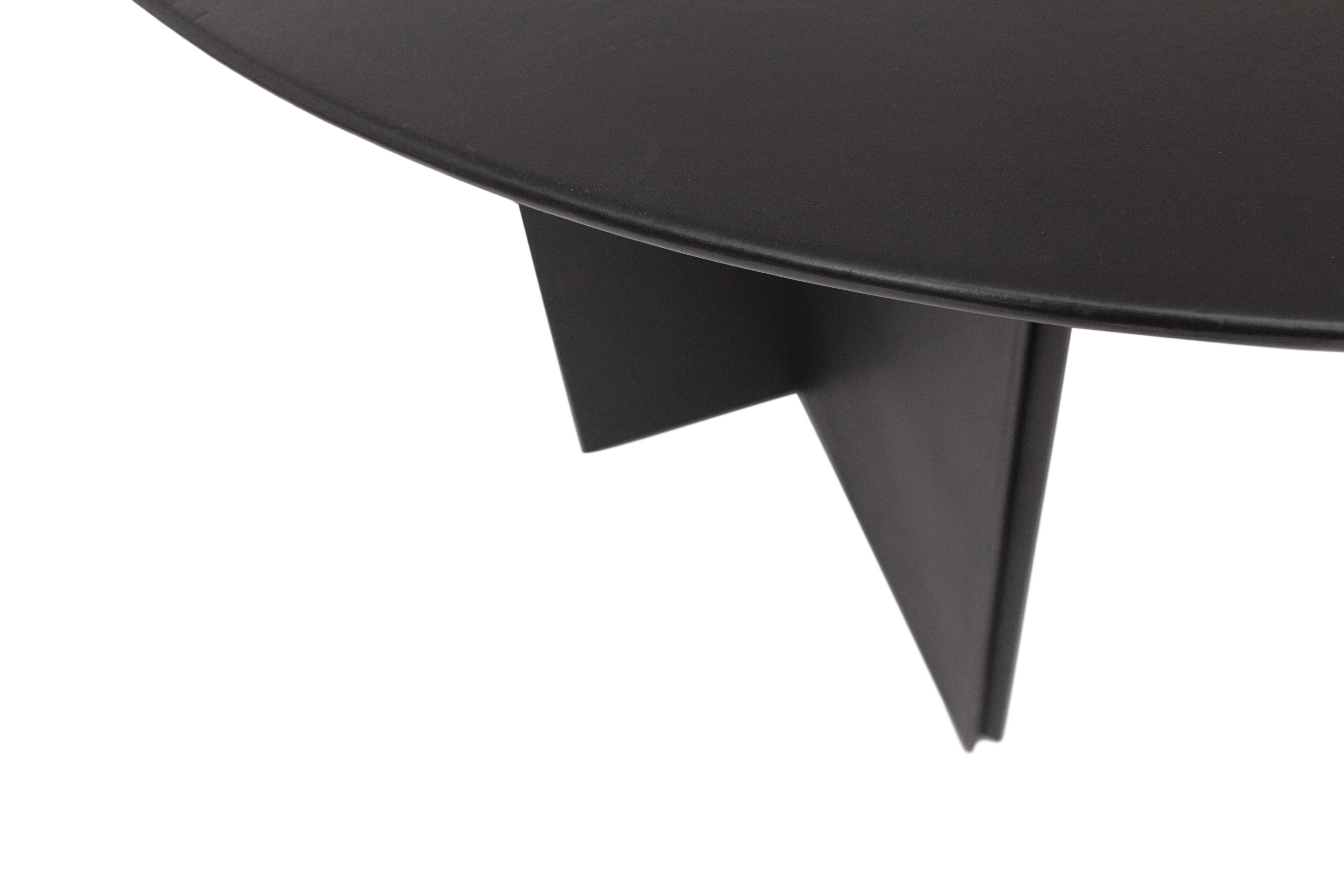 Belgian Post-Modern Round Dining Table in Black Leather  1970s by Durlet