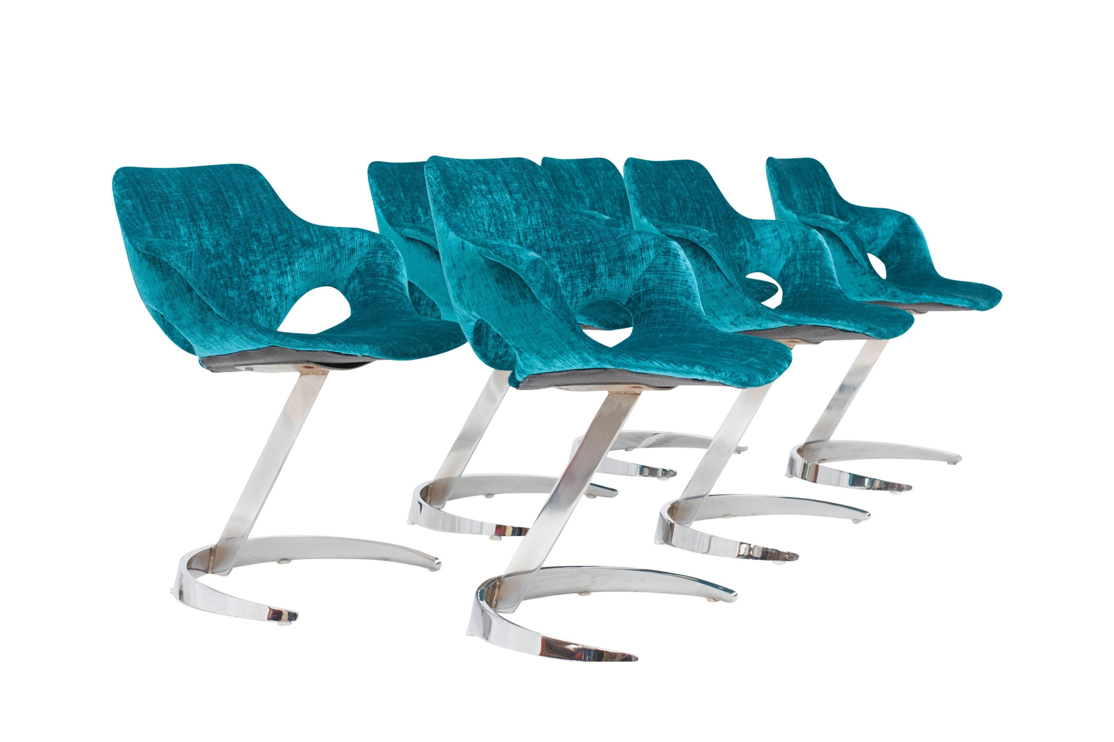 Boris Tabacoff Scimitar Dining Chairs in Blue Petrol Velvet In Excellent Condition In Antwerp, BE