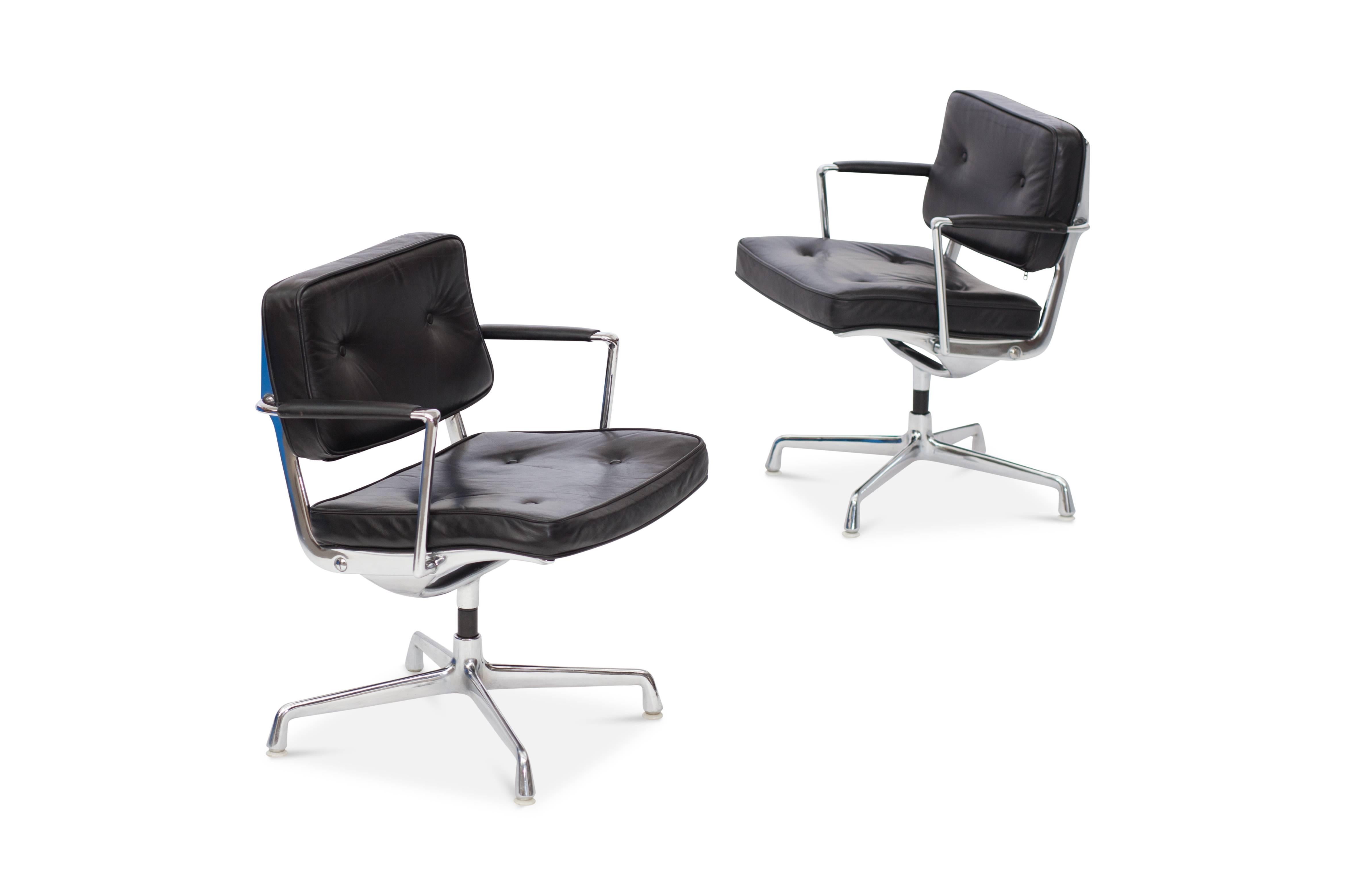 Charles and Ray Eames Intermediate chair in black leather upholstery and cast aluminum frame
introduced in 1968.

Charles and Ray called this design “intermediate” because it was intermediate in price and weight compared to other Eames chairs. It