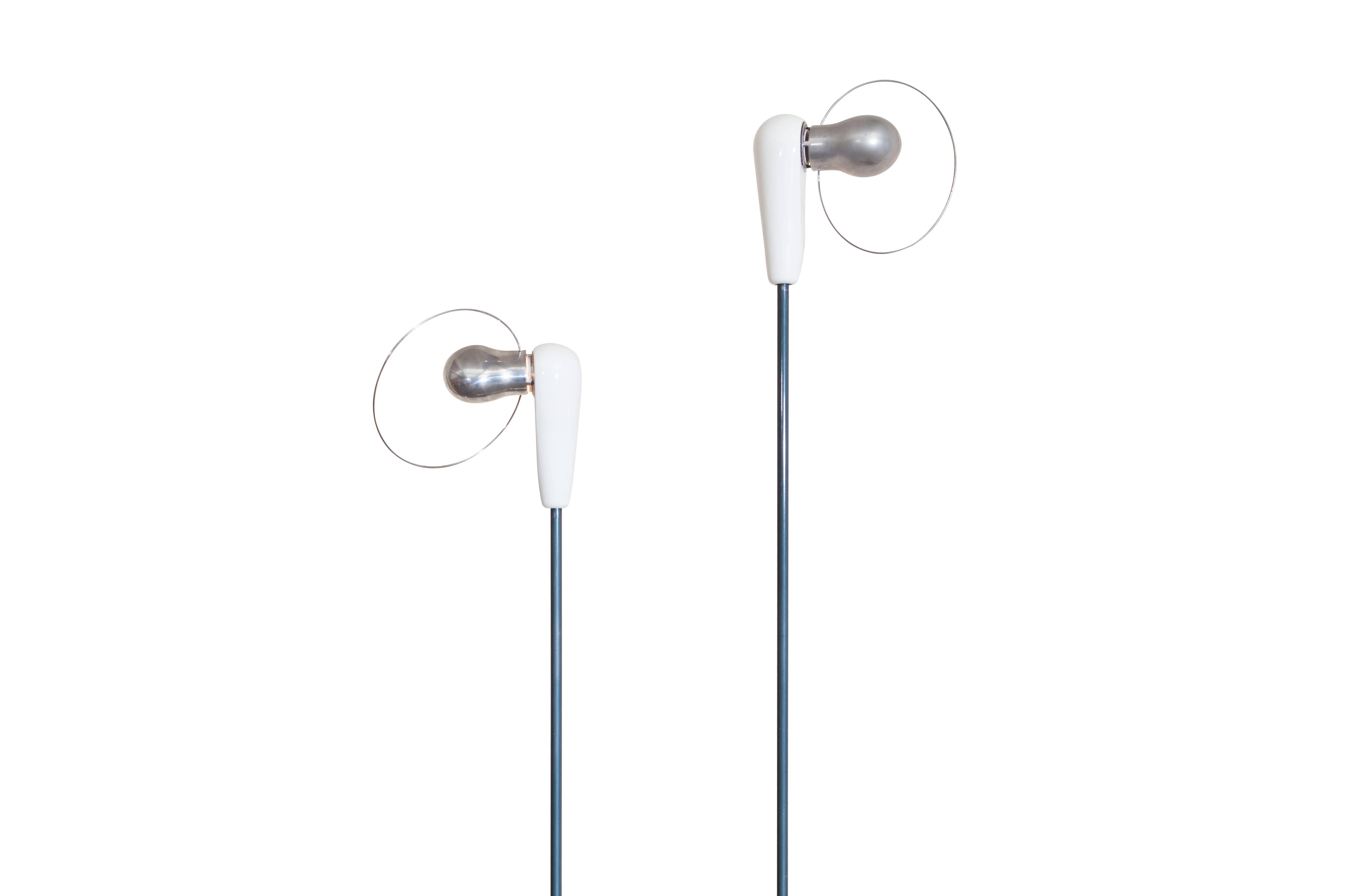 Castiglioni designed This pair of 'Bip Bip' floor lamps  in Italy for Flos in 1976.

Made of ceramic, steel, varnish and aluminium.

H 193 + H 215 cm, diameter 23 cm. 

These are no longer in production
one small repair on the ceramic base.
  
