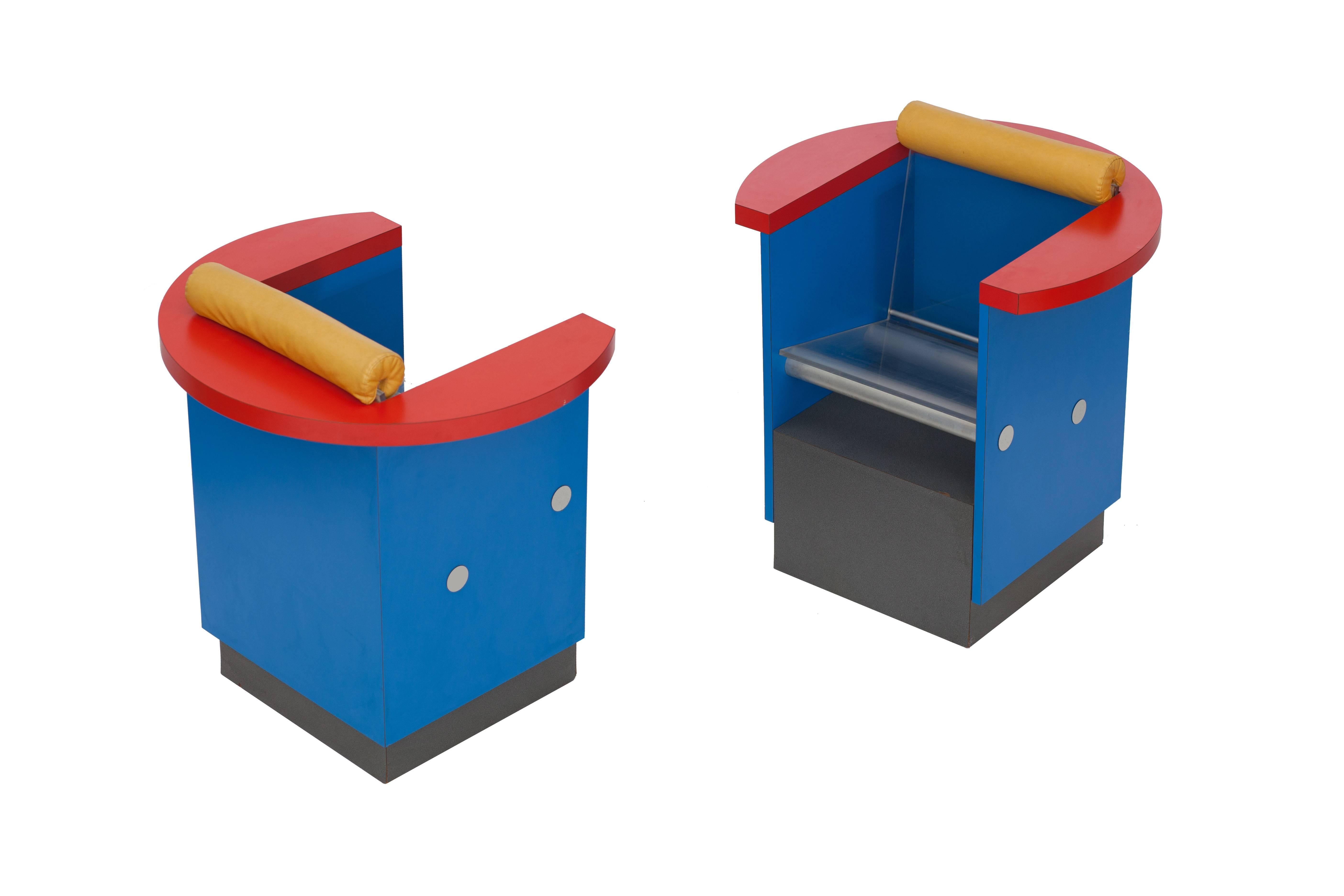 Italian Memphis style Unusual Pair of Blue, Red and Yellow Chairs