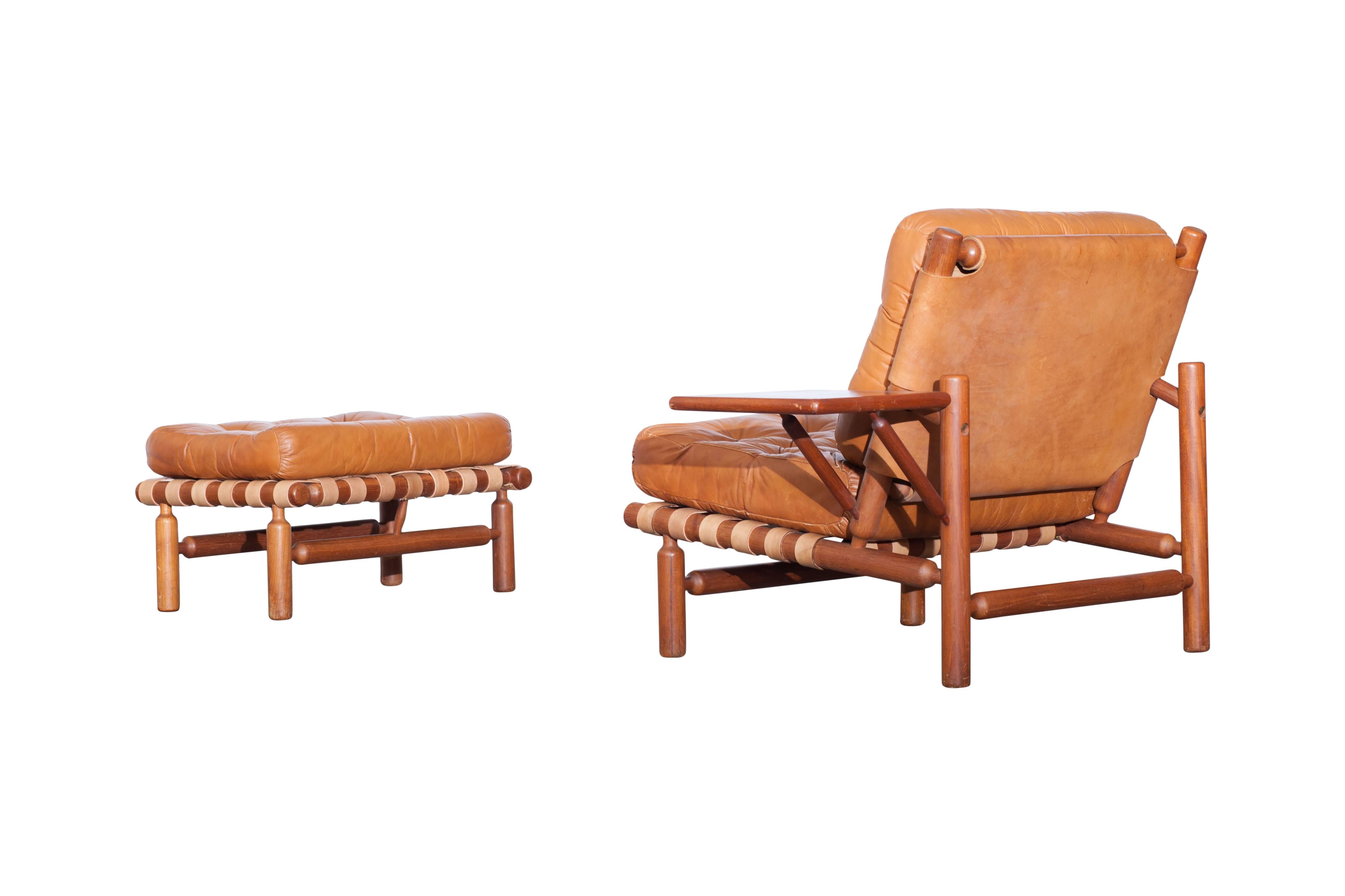 Ilmari Tapiovaara Patined Cognac Lounge Chair with Ottoman 1