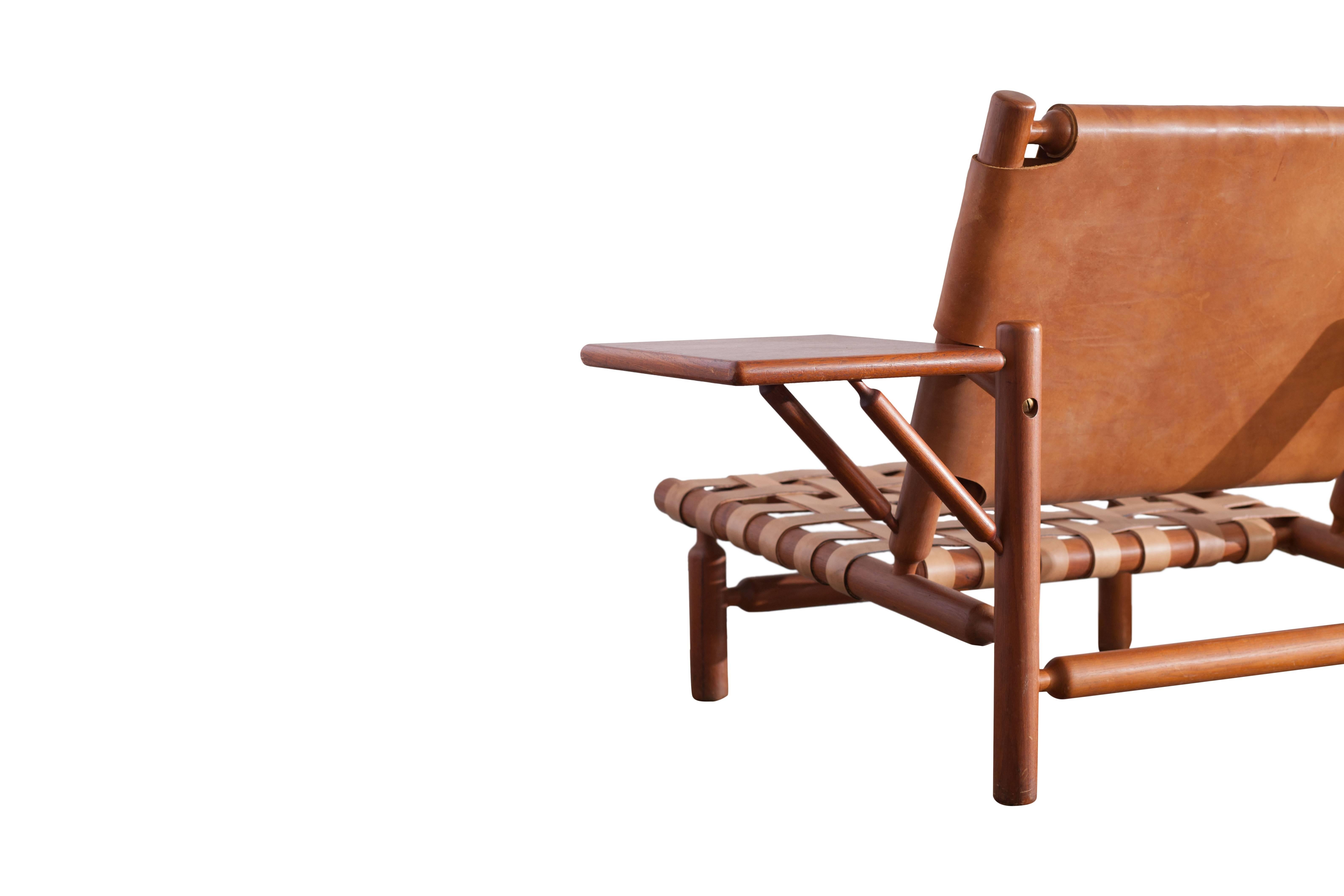 Teak Ilmari Tapiovaara Patined Cognac Lounge Chair with Ottoman