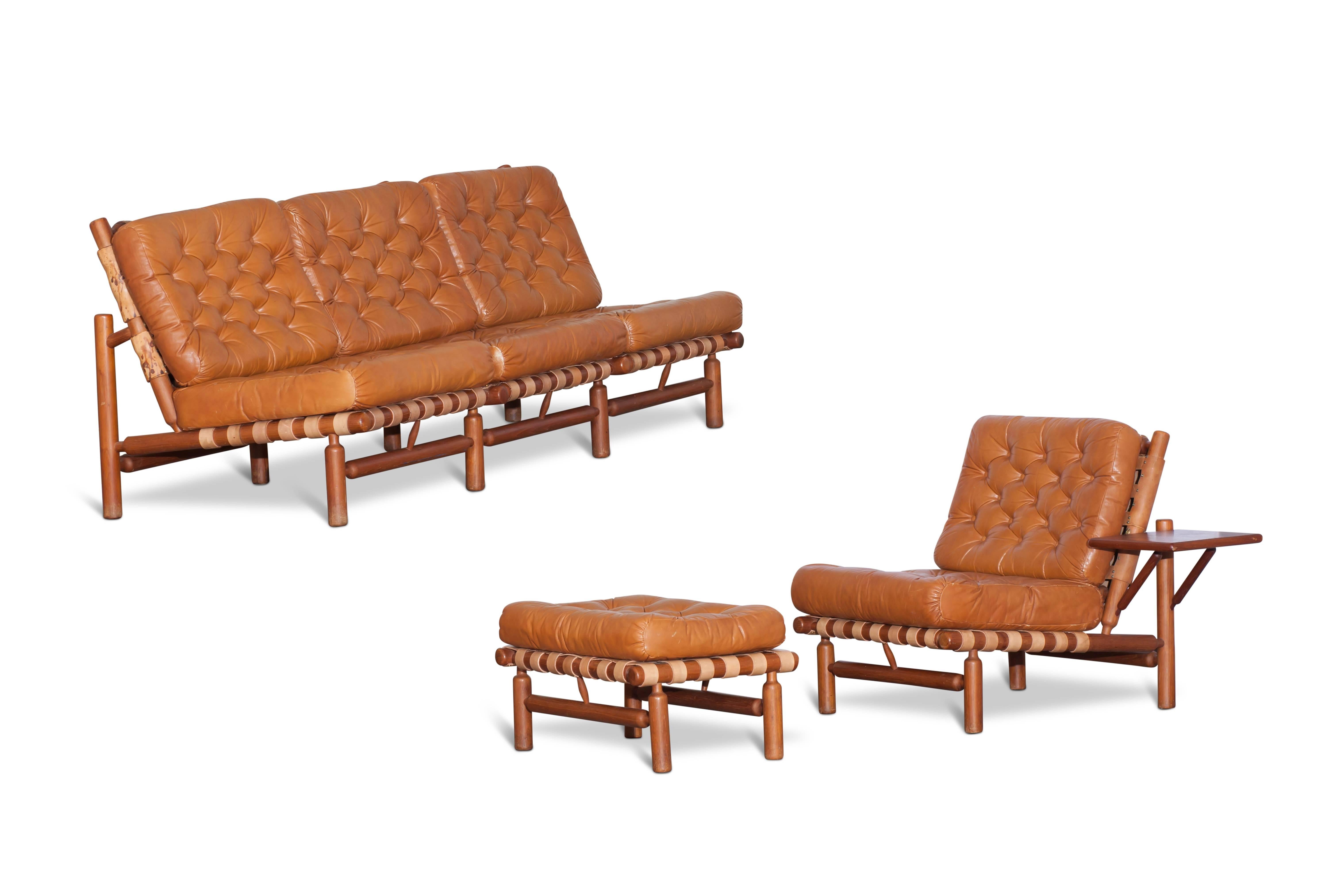 Mid-Century Modern Ilmari Tapiovaara Patined Cognac Lounge Chair with Ottoman