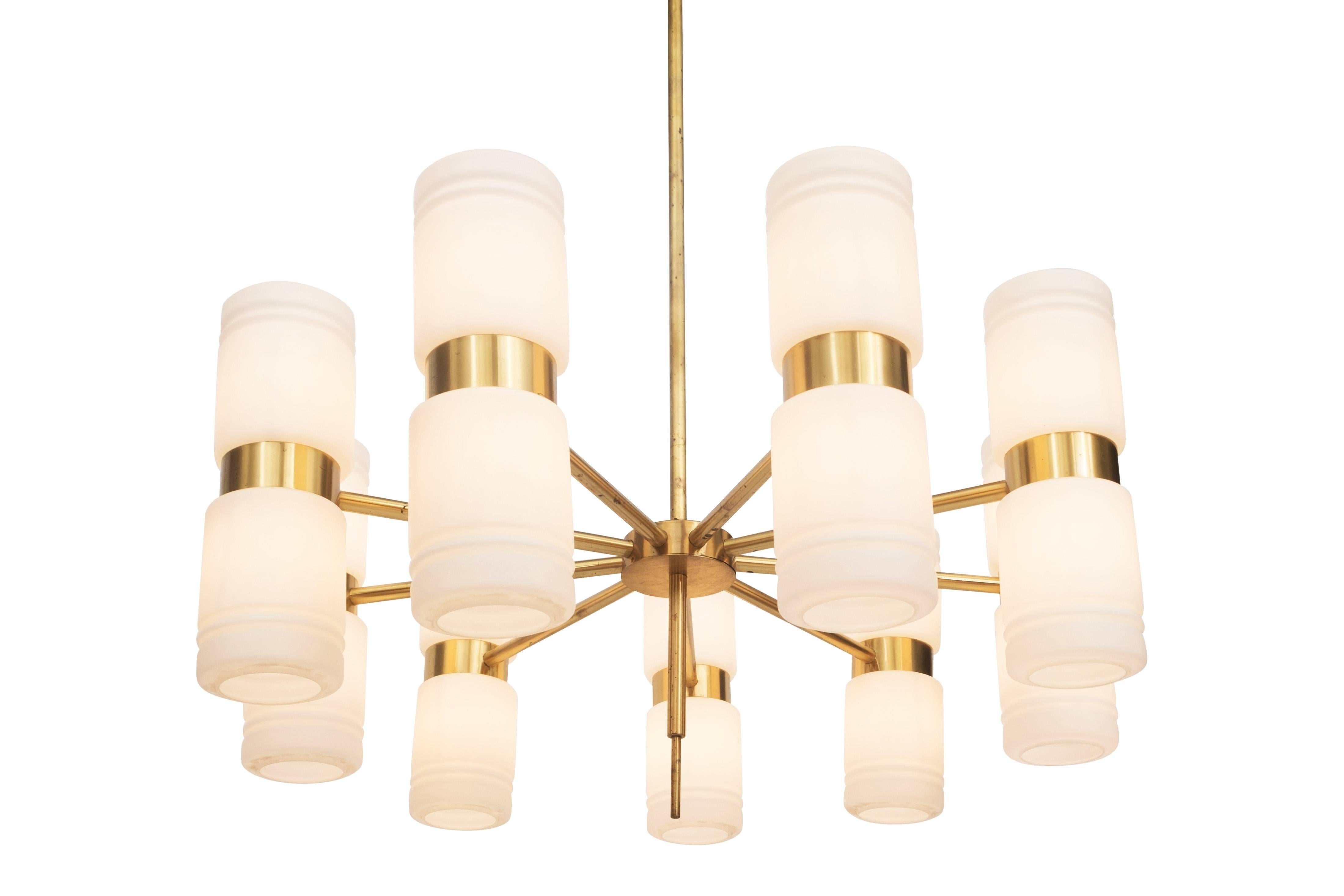 Mid-20th Century Brass and Opaline Glass Chandelier by Hans Agne Jakobsson