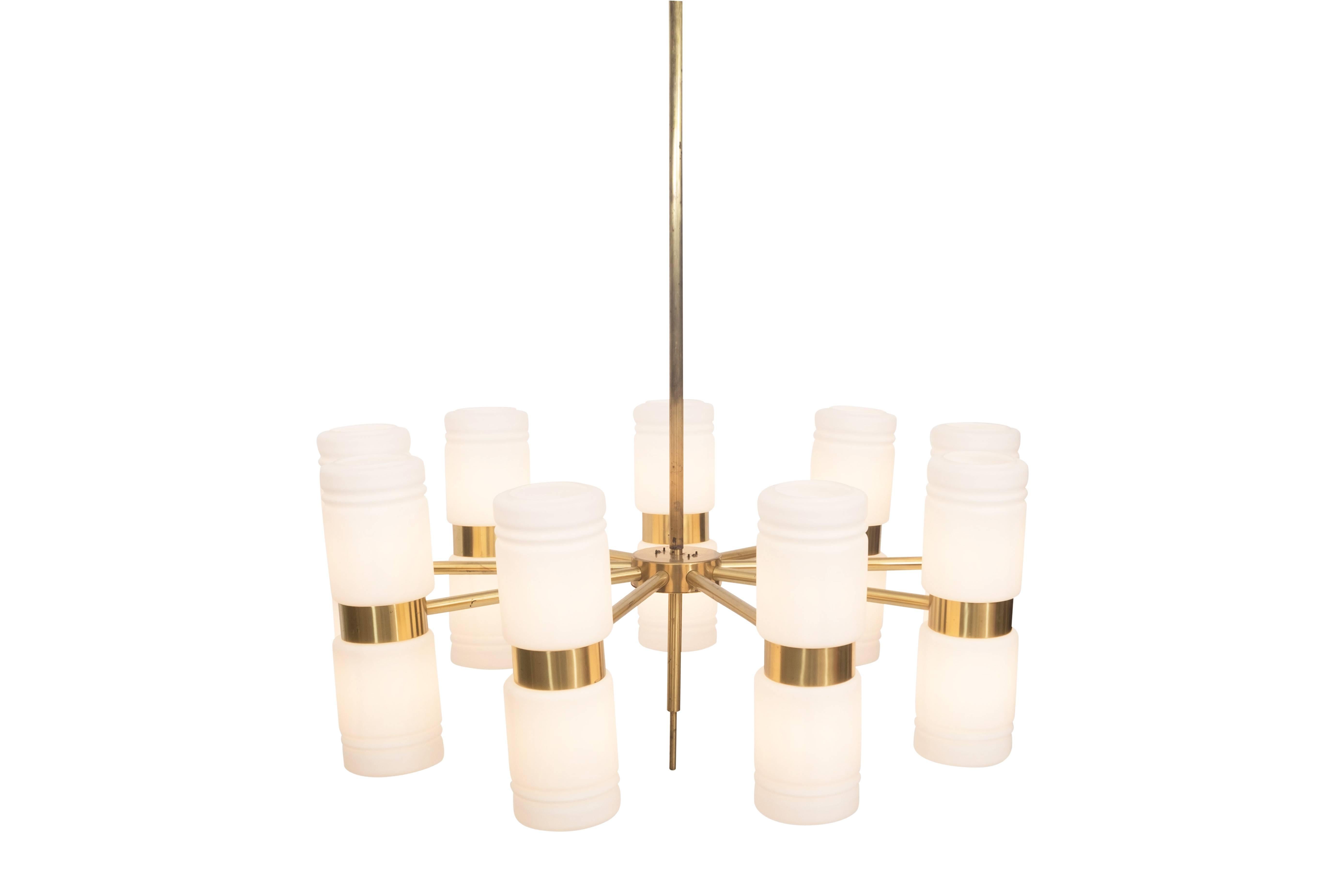 Brass and Opaline Glass Chandelier by Hans Agne Jakobsson In Excellent Condition In Antwerp, BE