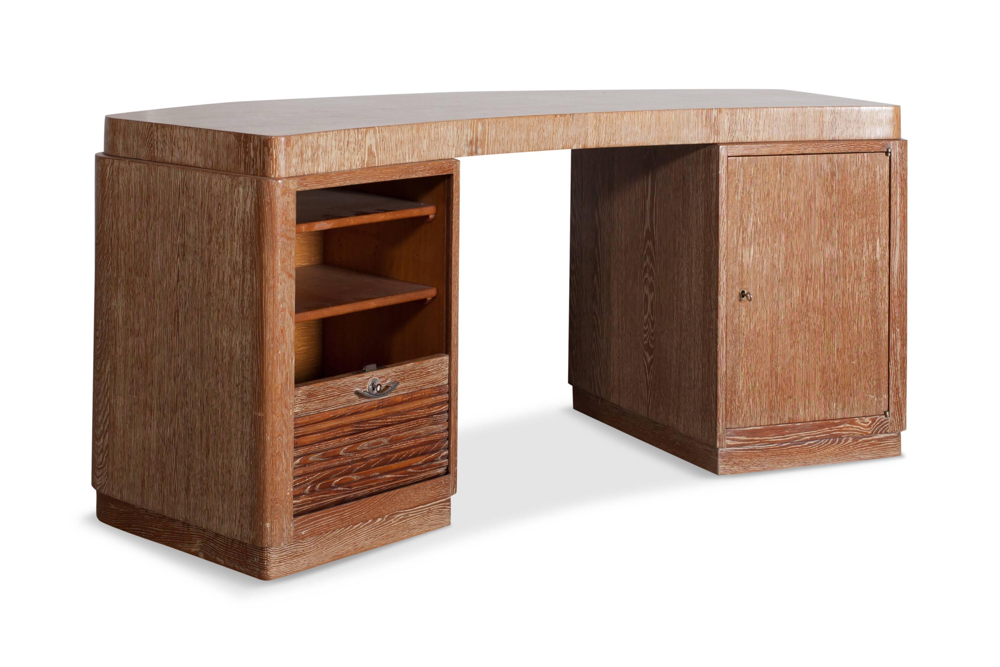 Mid-Century Modern Cerused Oak Curved Desk , France — Early 20th Century