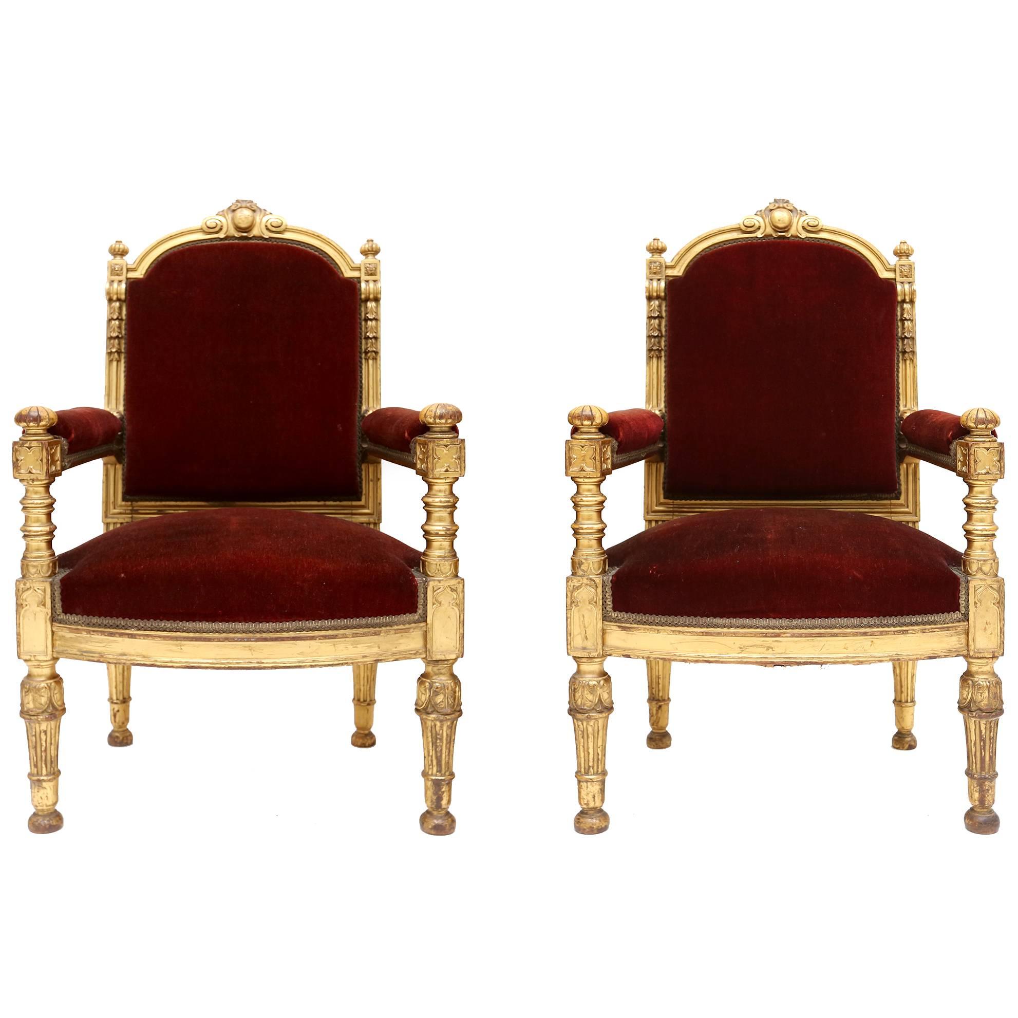Antique neoclassical Giltwood and Velvet Armchairs