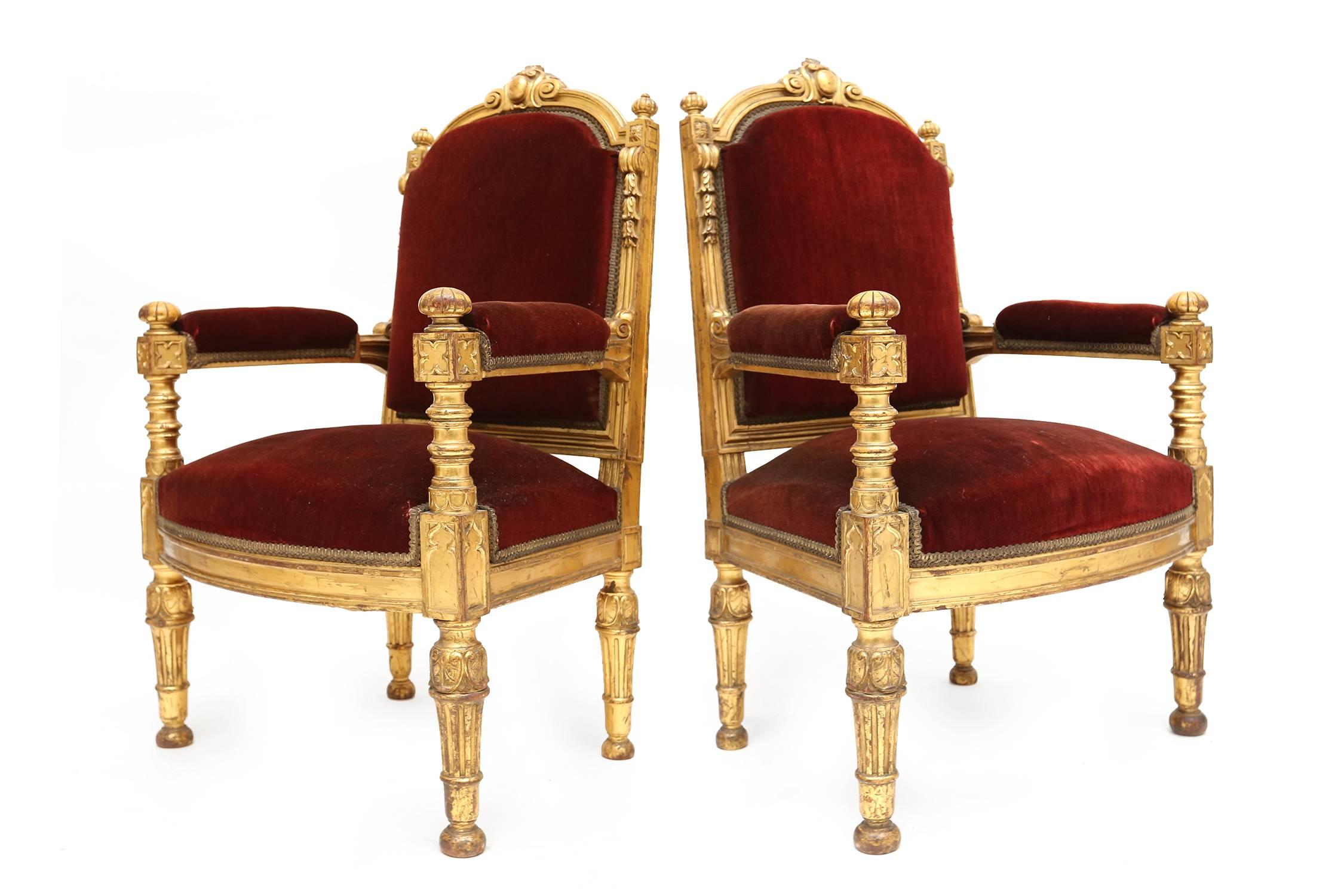 Other Antique neoclassical Giltwood and Velvet Armchairs