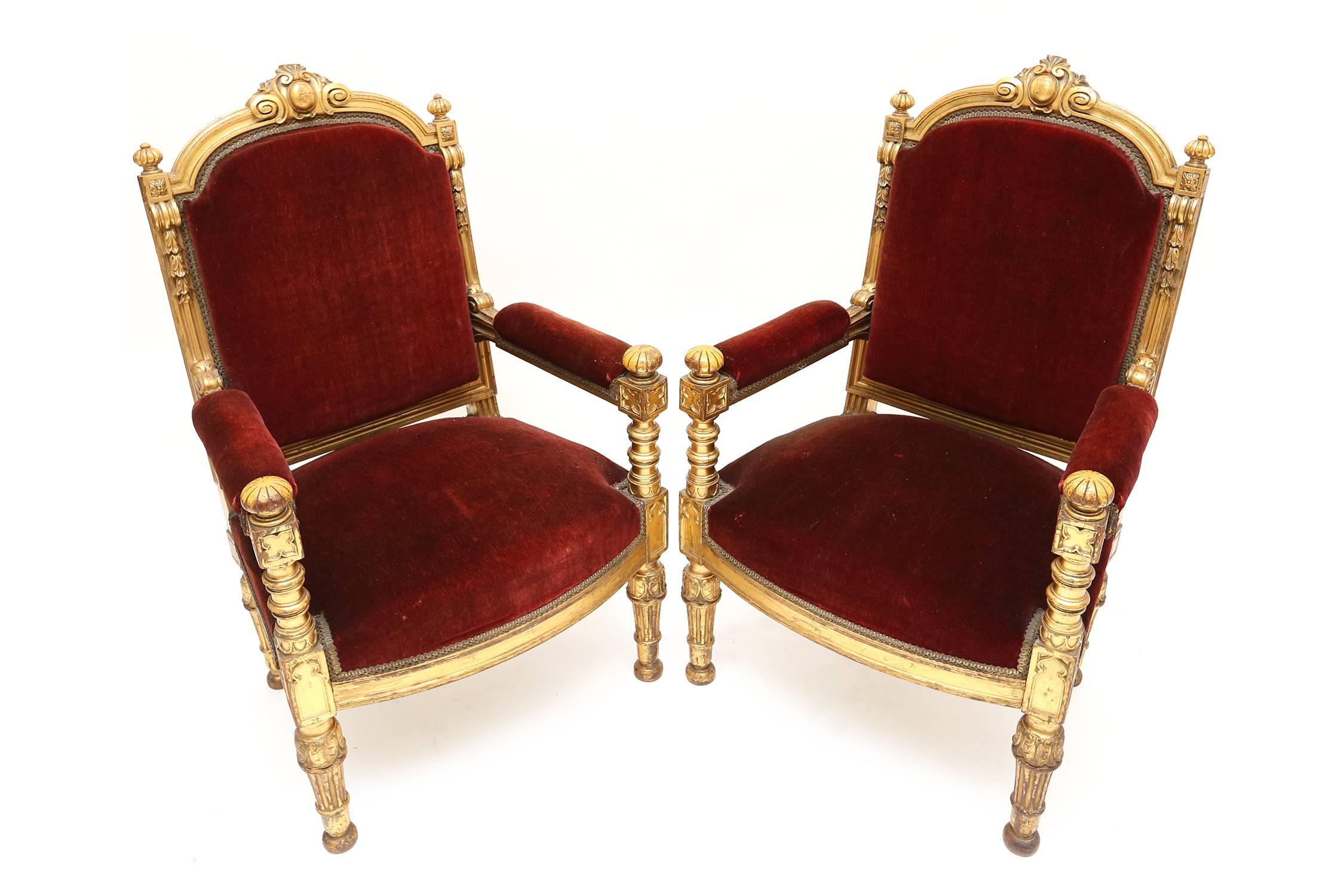 Italian Antique neoclassical Giltwood and Velvet Armchairs