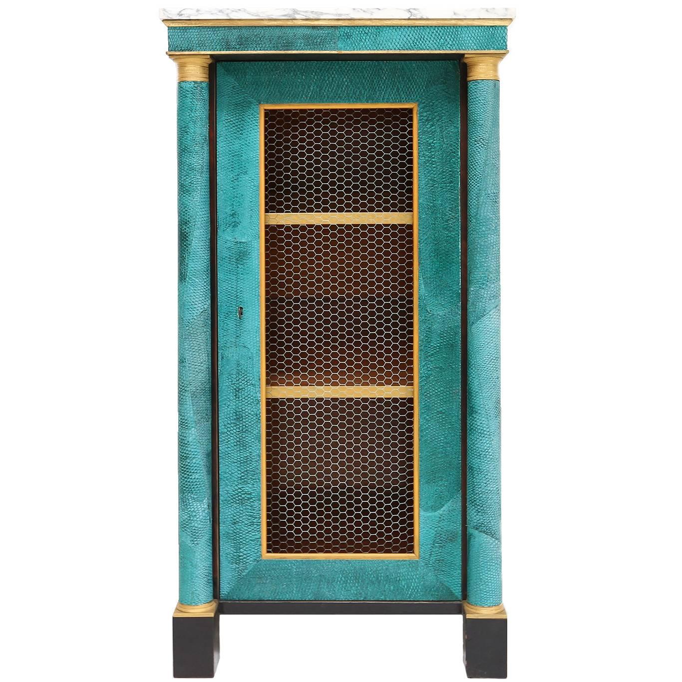 Hollywood Regency Turquoise Leather Cabinet