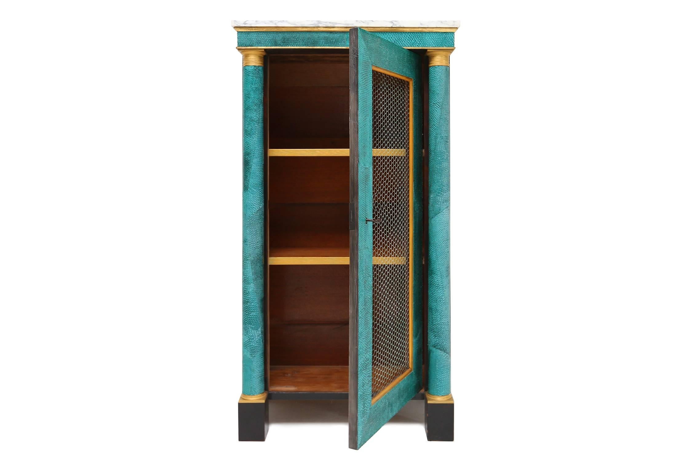 Mid-Century Modern Hollywood Regency Turquoise Leather Cabinet