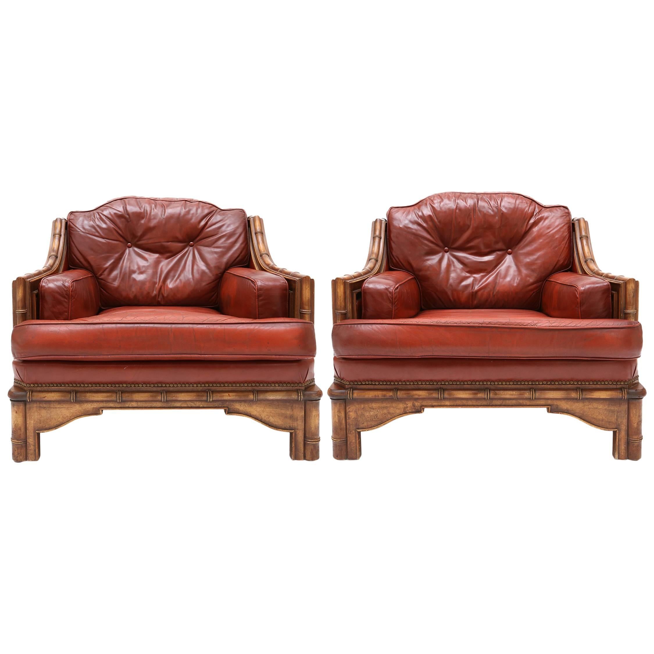 Bamboo and Red Leather Italian Easy Chairs