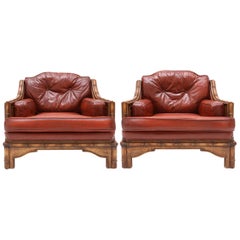 Bamboo and Red Leather Italian Easy Chairs