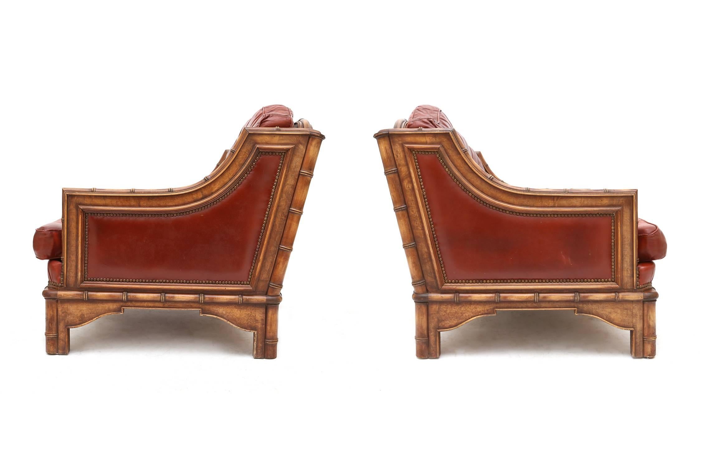 Hollywood Regency Bamboo and Red Leather Italian Easy Chairs