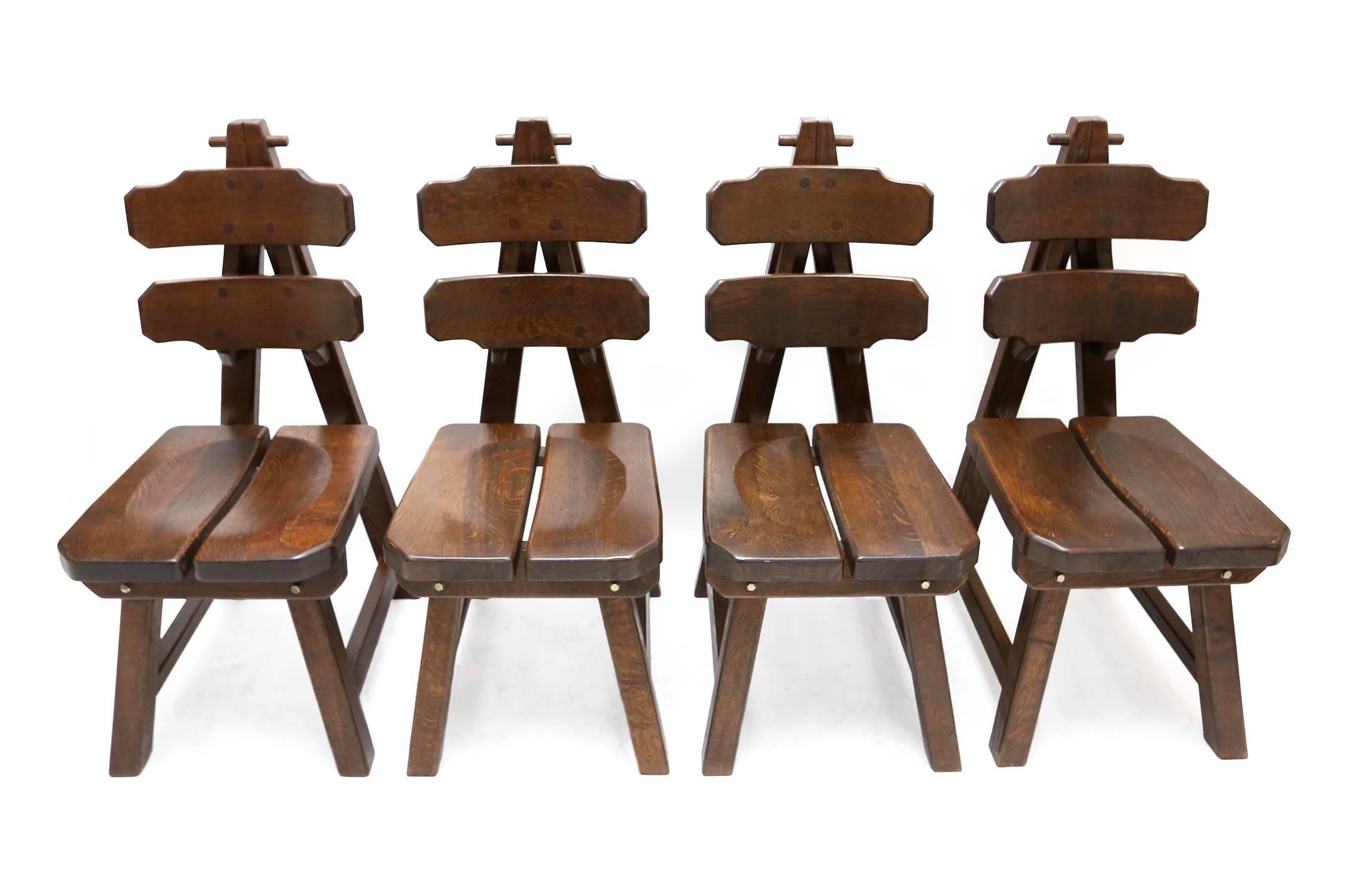 Mid-20th Century Brutalist Oak Spanish Dining Chairs