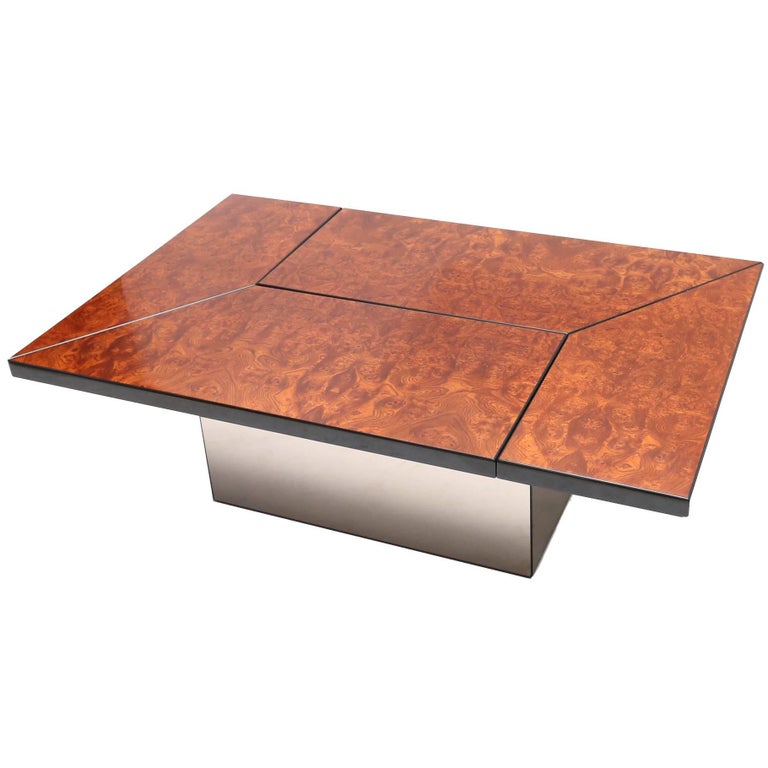 Lacquered Burl Veneer Sliding Coffee Table with Hidden Dry Bar by Paul