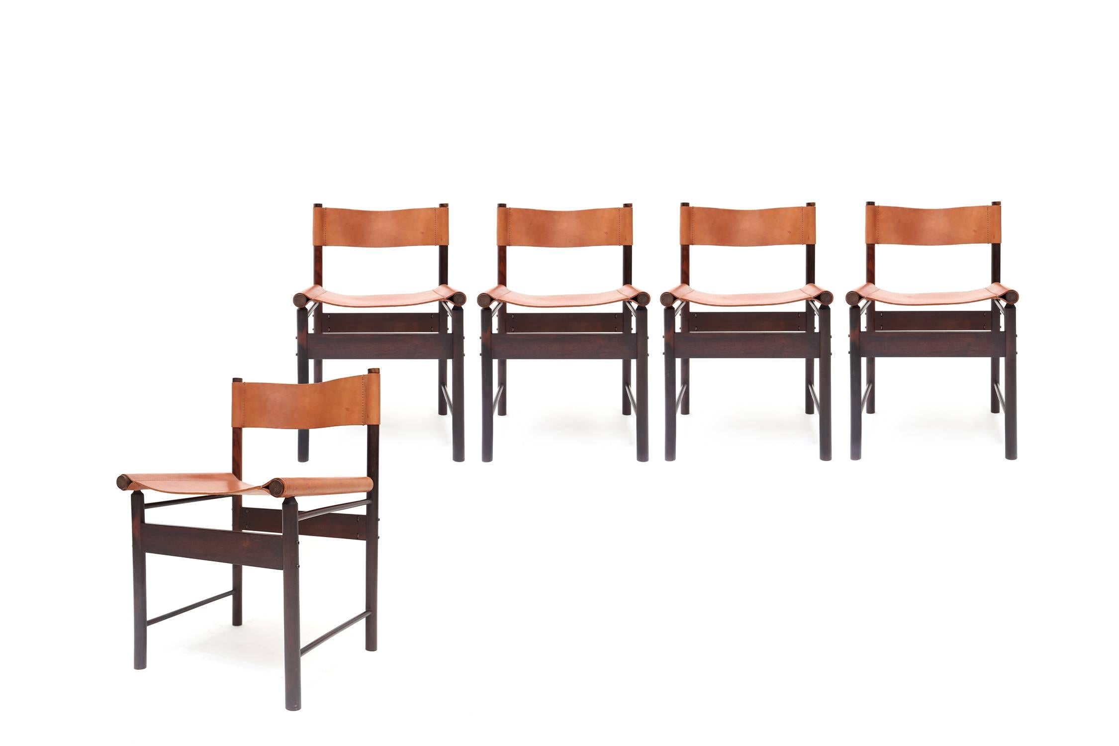 Mid-Century Modern Zalszupin Jacaranda Dining Chairs with Cognac Saddle Leather Seating 