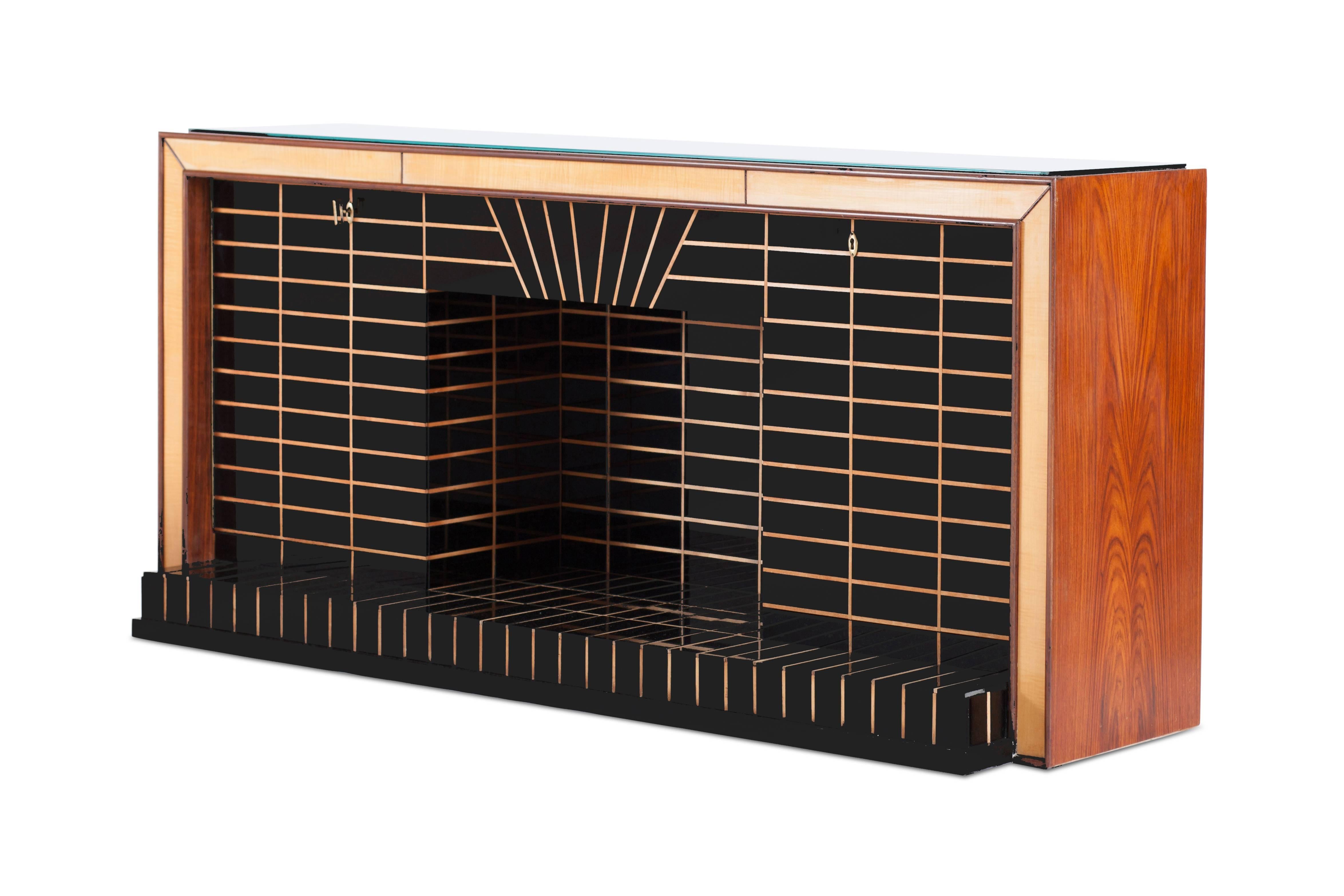 Mirror Avant Garde Trompe L'oeuil Credenza with Dry Bar by Luigi Brusotti, 1950s