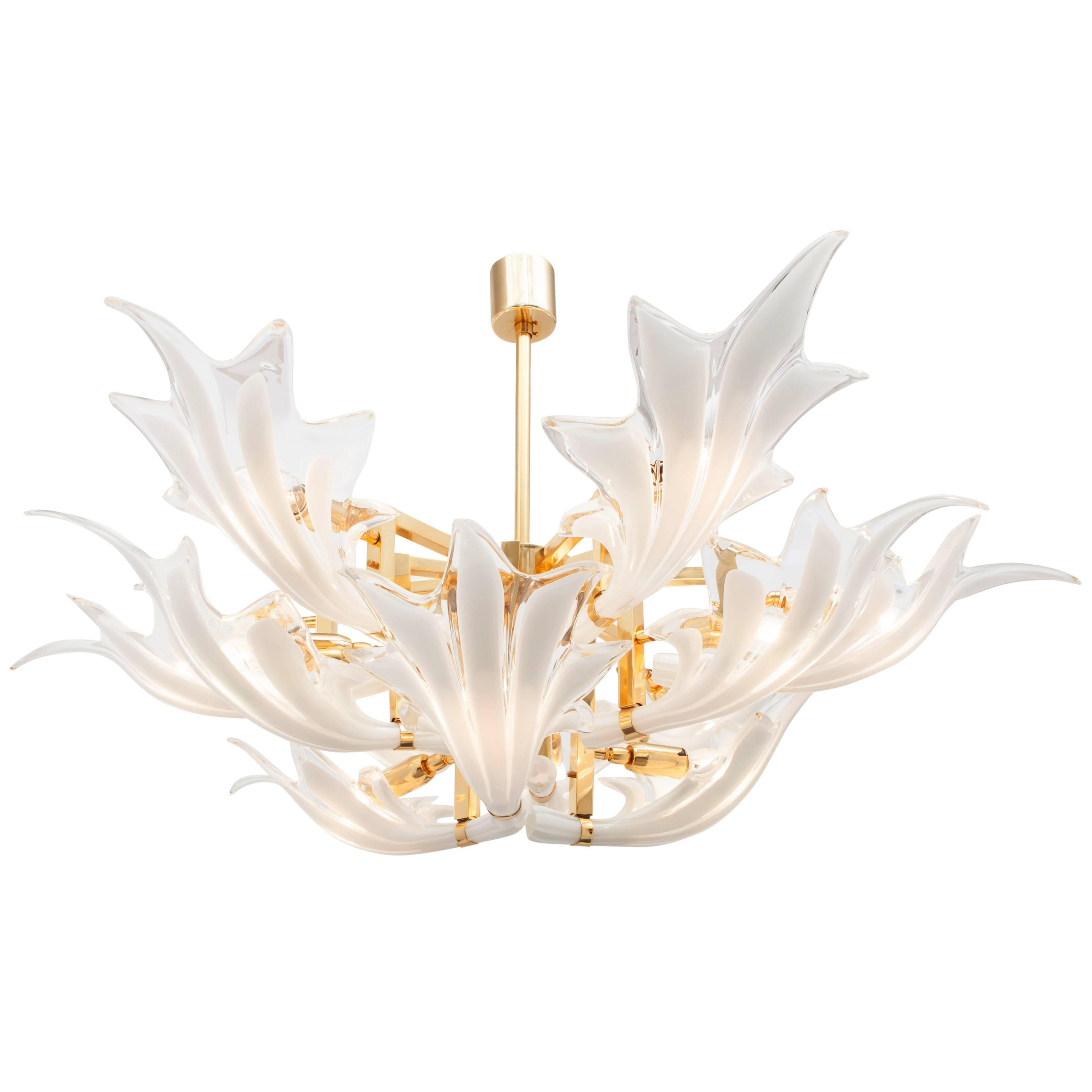 Murano Chandelier in Brass with Glass Flower Leaves