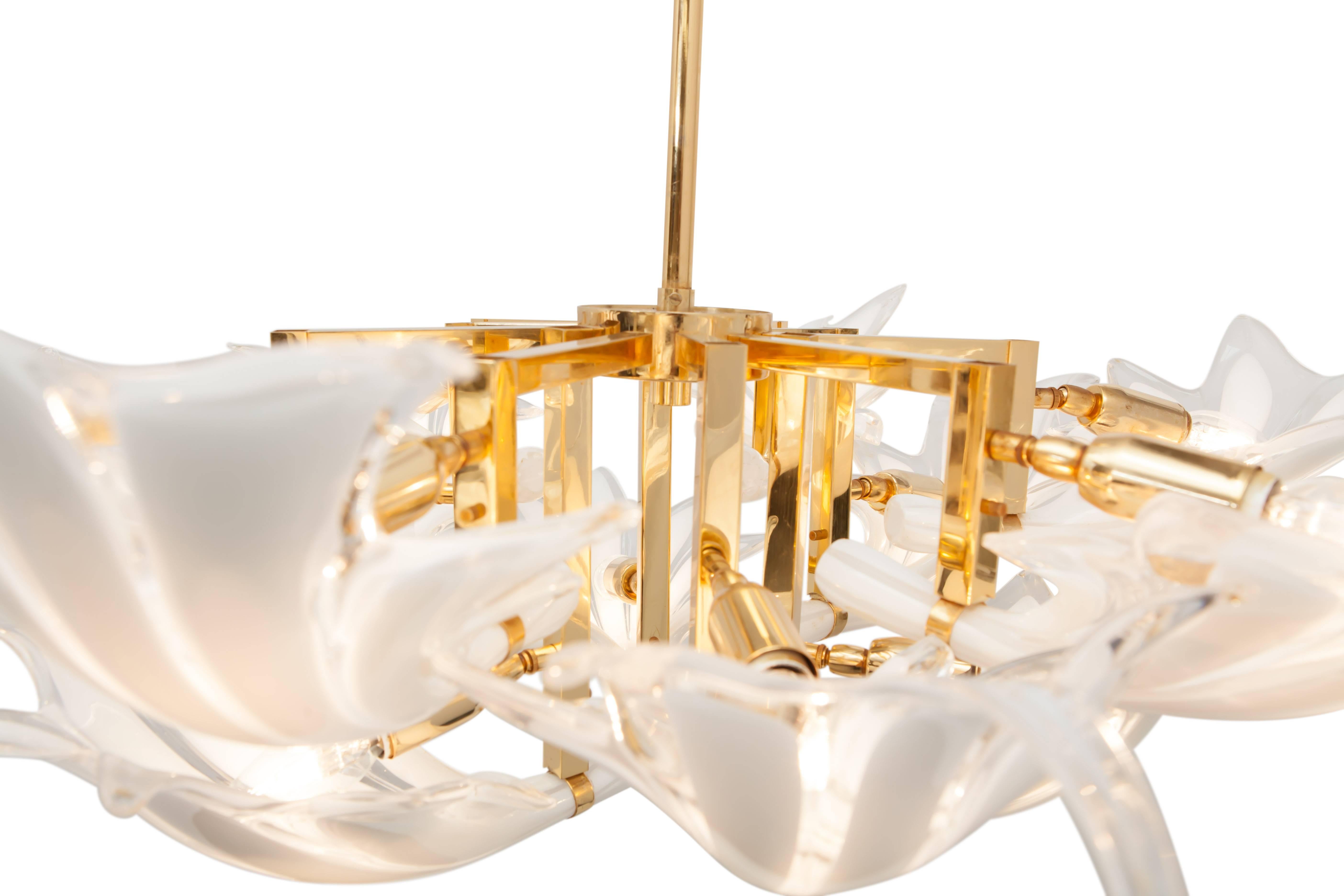 Murano Chandelier in Brass with Glass Flower Leaves 2