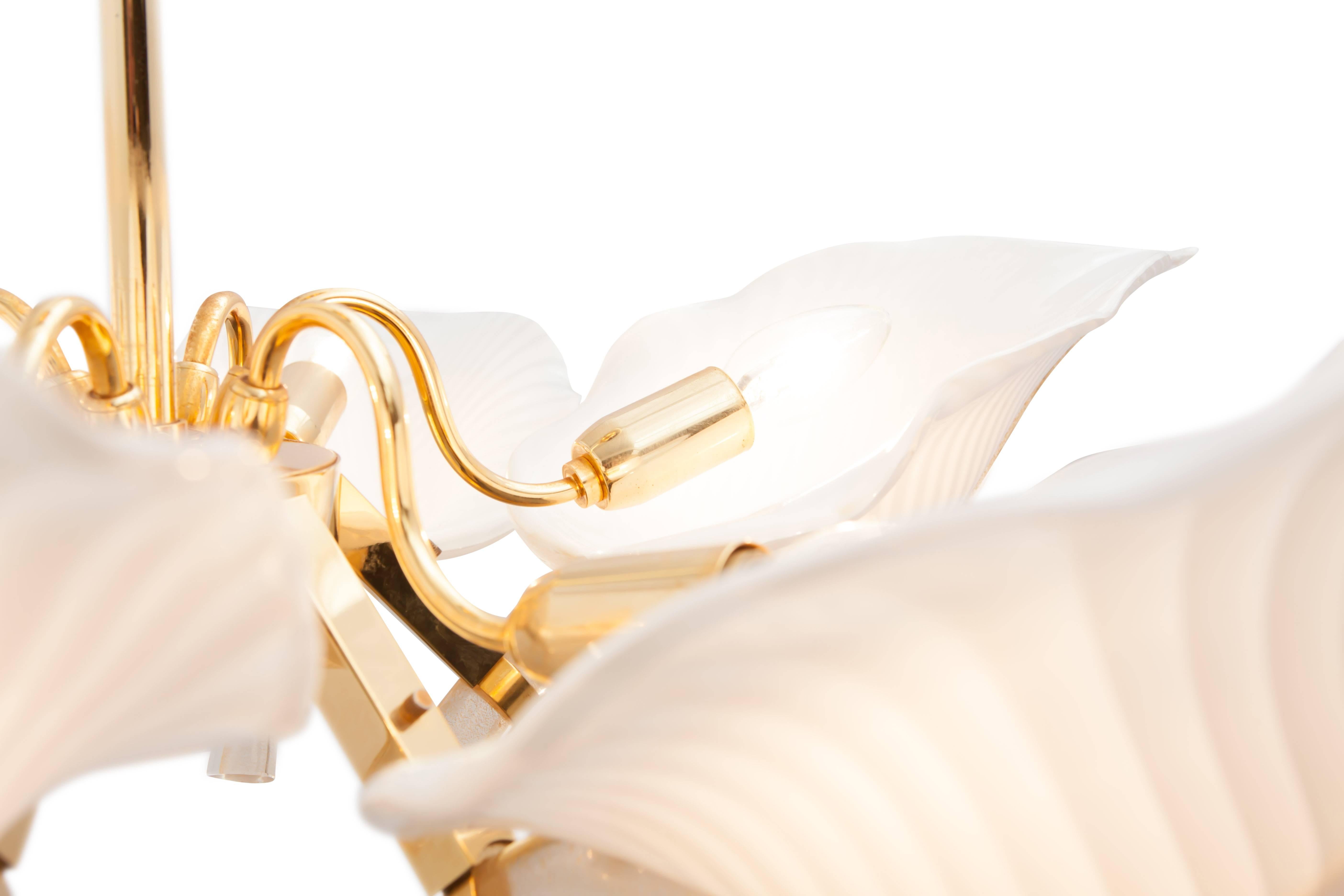 Italian Brass Franco Luce Murano Glass Leaf Chandelier 