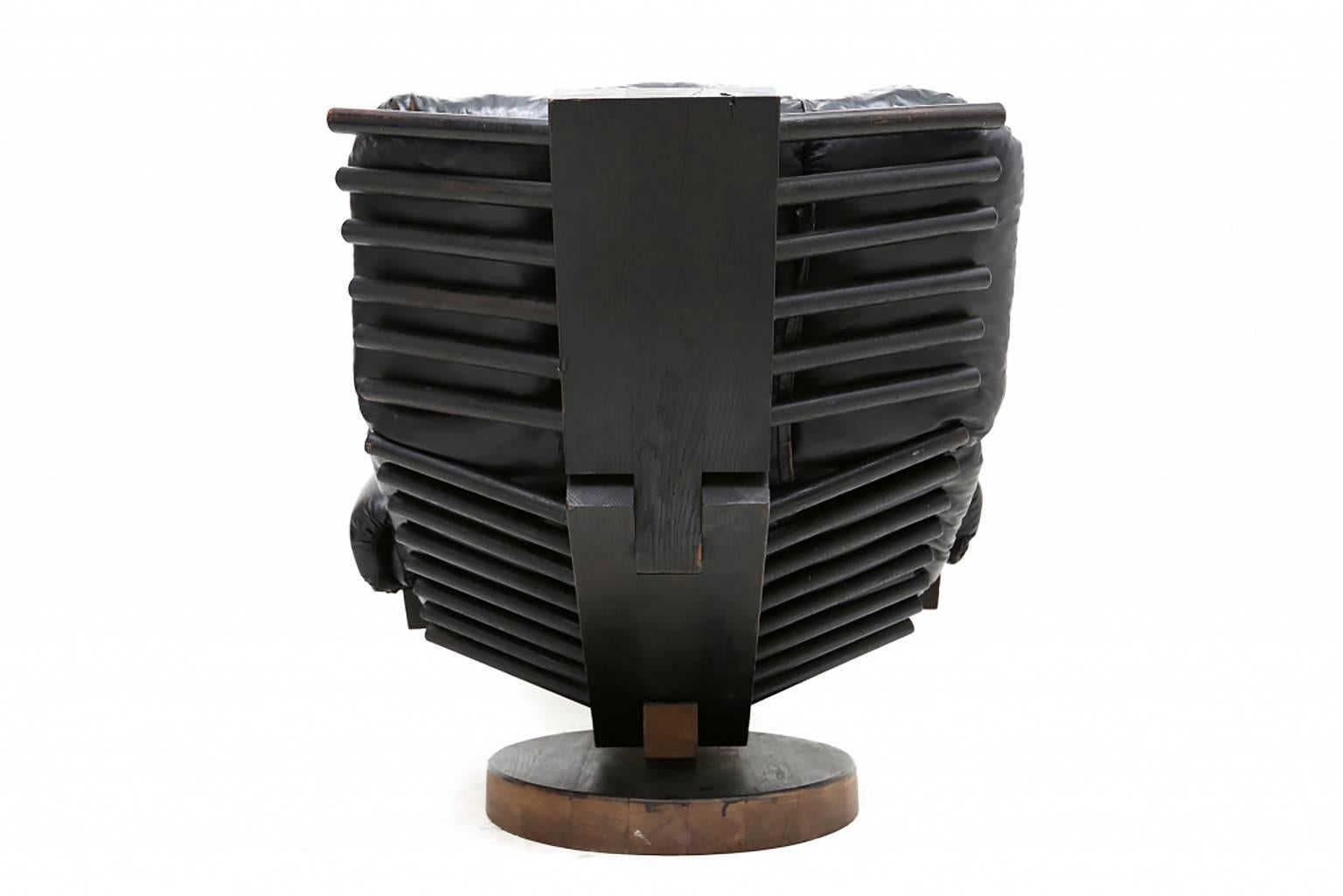 Mid-Century Modern Black Leather Unusual Ribbed 'Koala' Easy Chair