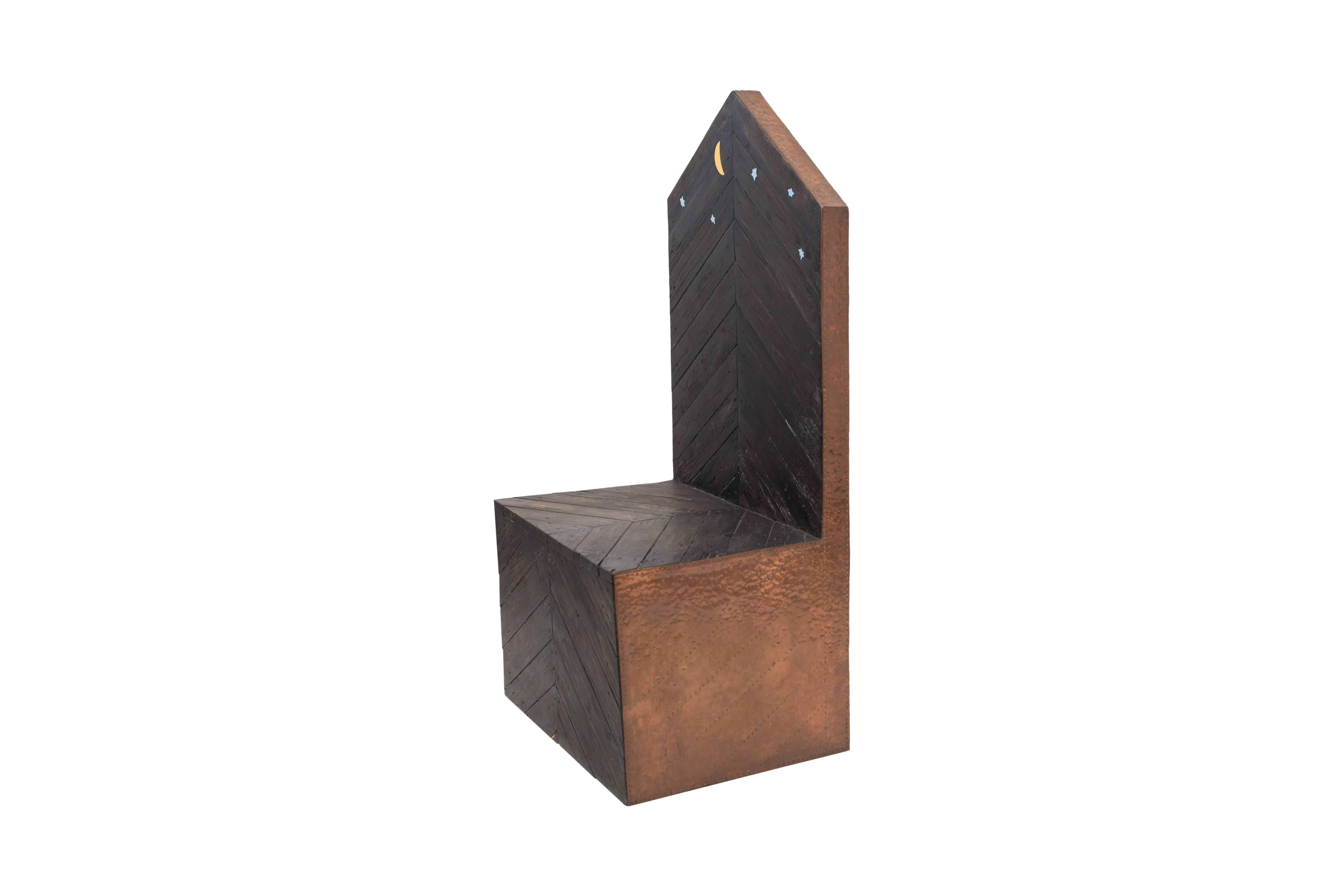 Unusual Throne chair by Italian artist Sandro Lorenzini
Solid wooden panels with ceramic stars and moon inserts.
Copper side panels.

A fantastic piece made in Italy in the early 1980s

Measures: W 68 cm, D 54 cm, H 142 cm.