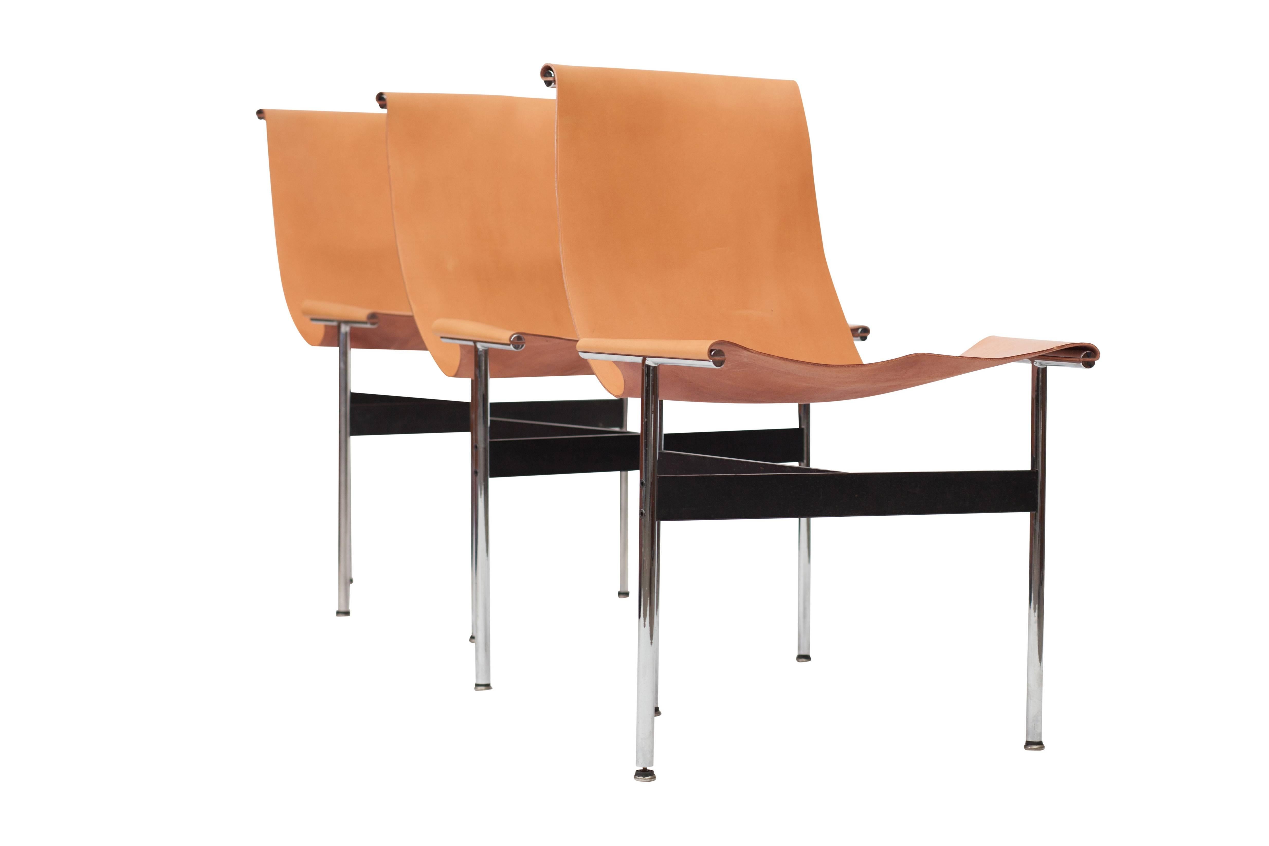 Steel Laverne International T Chairs in Natural Cognac Leather by Ross Littel