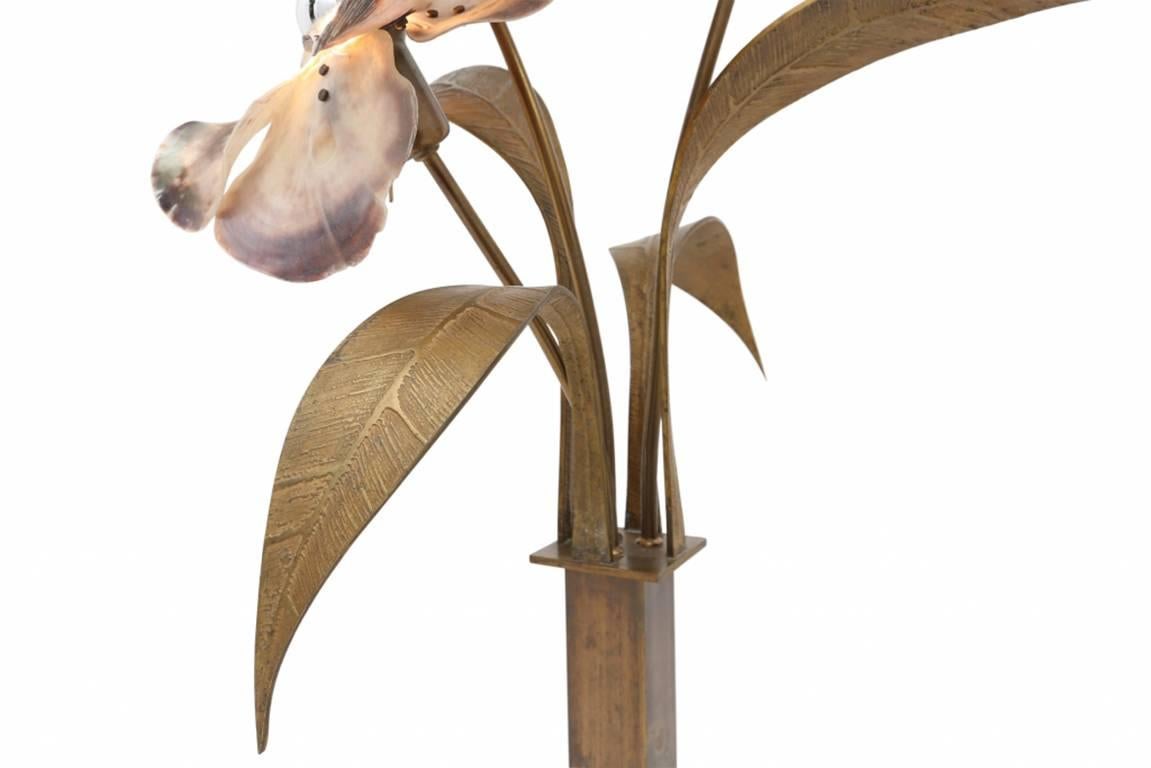 Late 20th Century Hollywood Regency Mother-of-Pearl and Bronze Floral Floor Lamp by Willy Daro