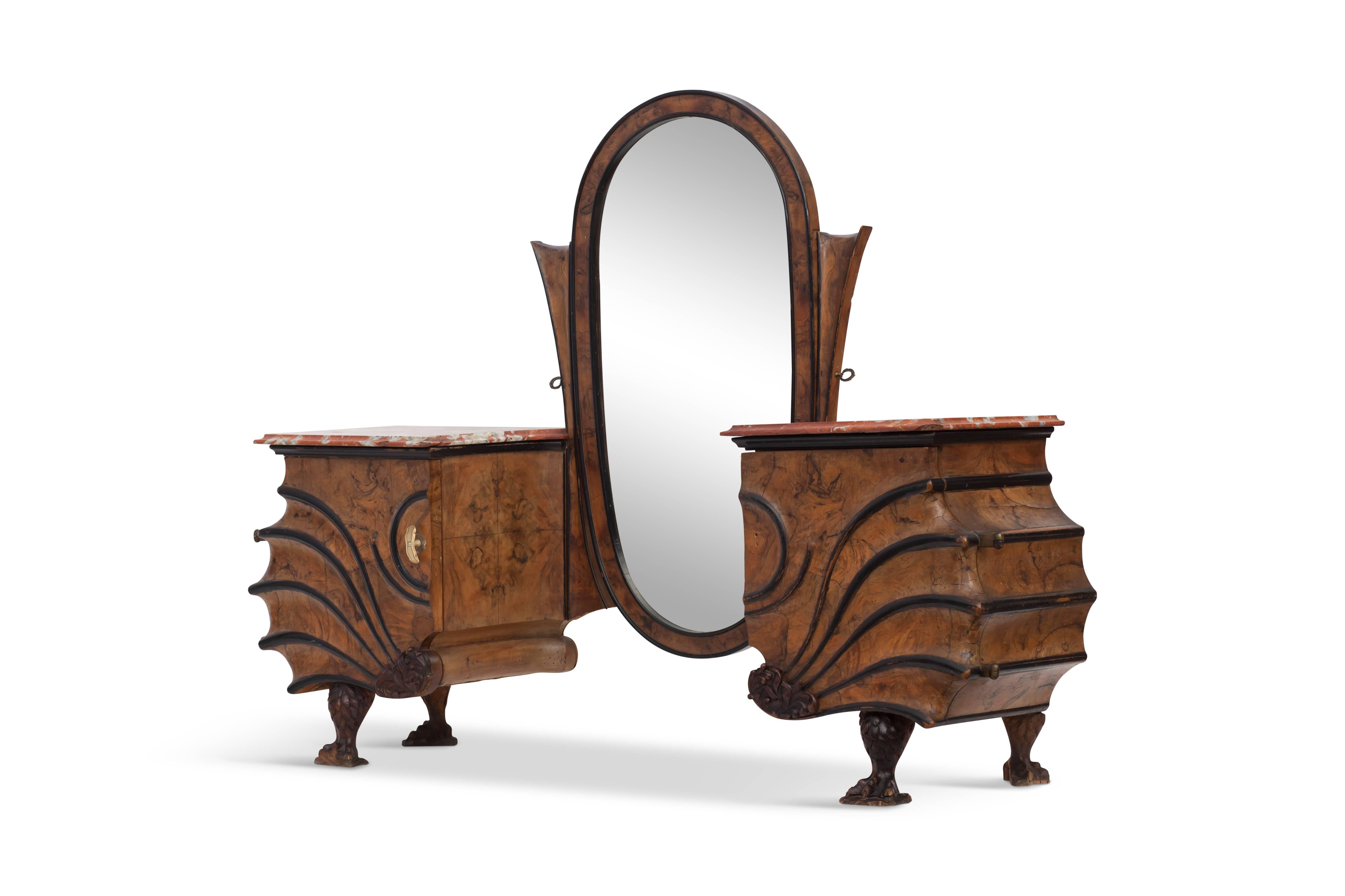 Art Deco Luxury Vanity Console in Walnut, Ebony and Marble For Sale 3